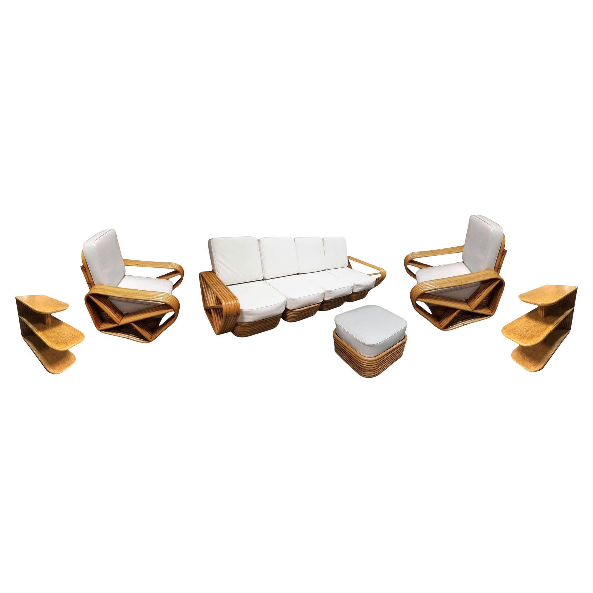 Restauriertes Rattan-Sofa und Stühle aus sechs quadratischen Brezeln für das Wohnzimmer