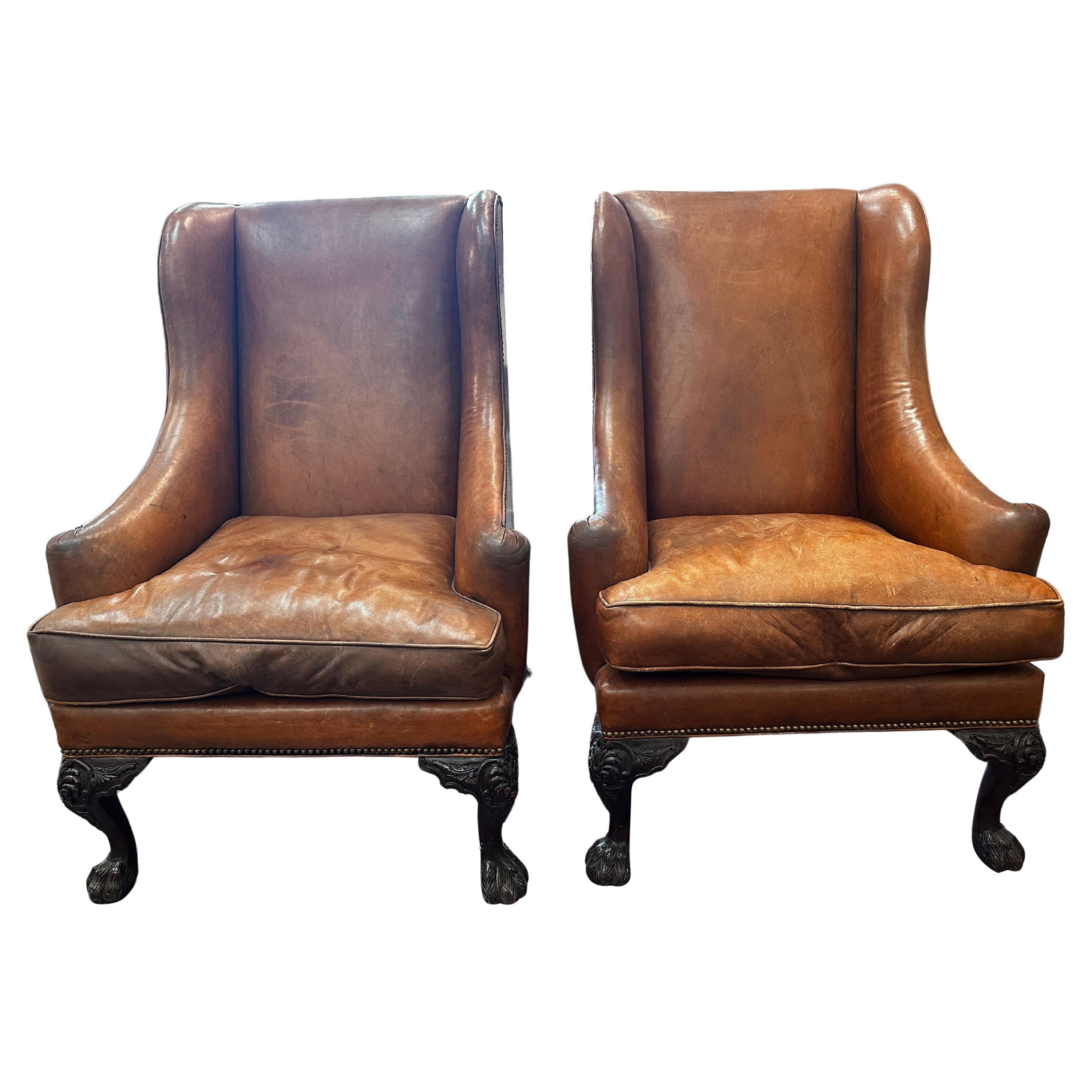 Vintage Henredon Wingbacks in Original Leather, a pair