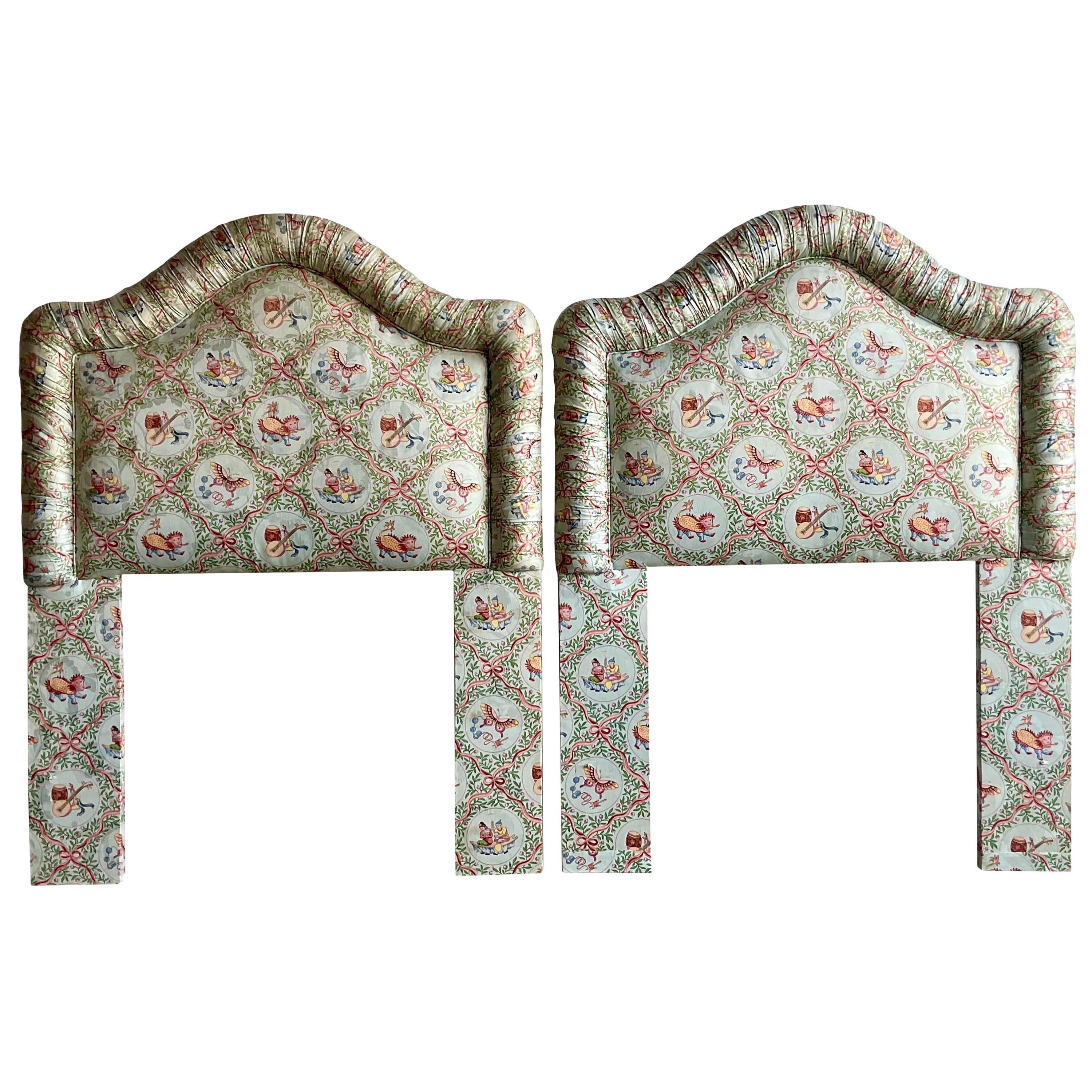 Vintage Asian Print Shirred Trim Twin Headboards For Sale