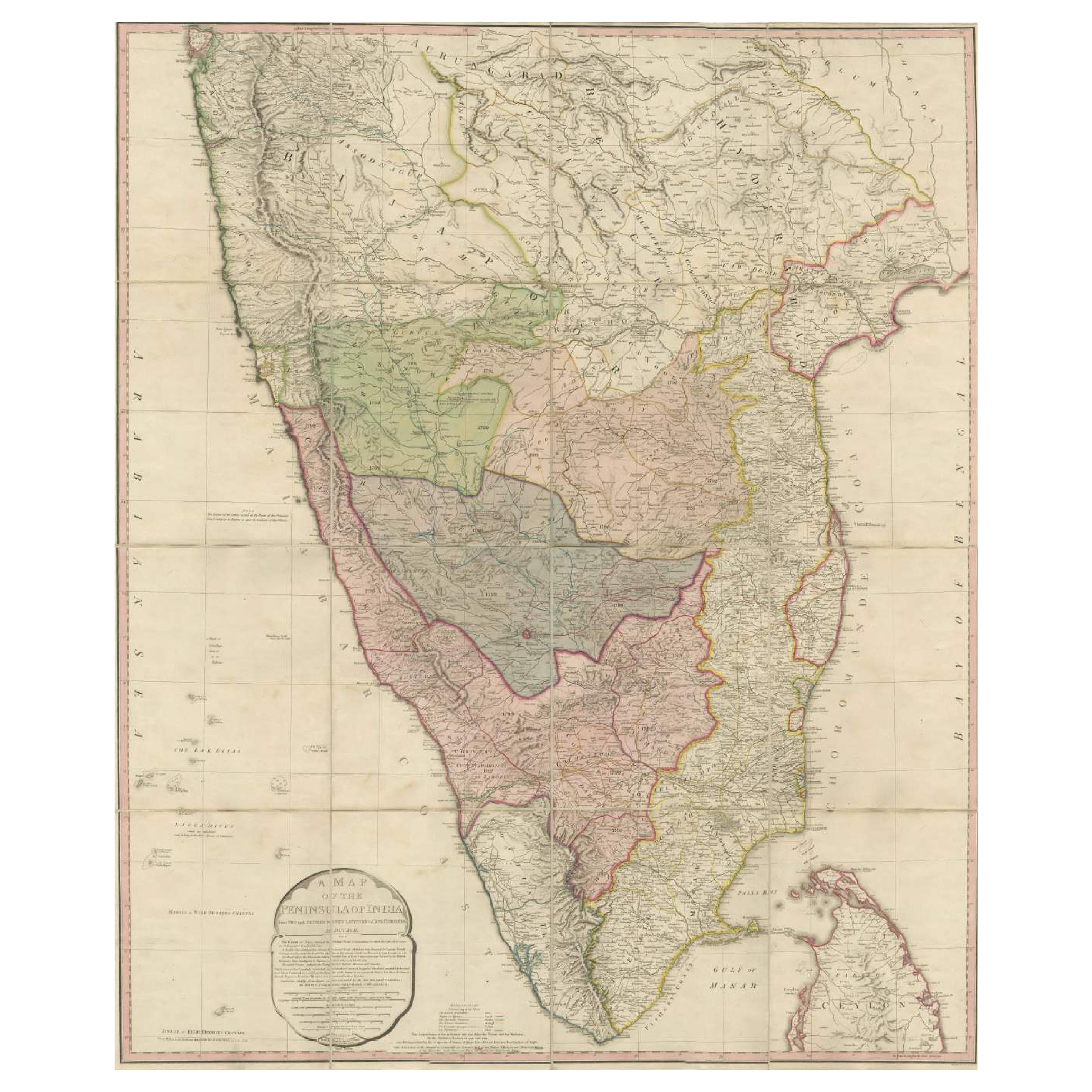 Original Antique Map of the Peninsula of India with Part of Ceylon by Wyld, 1844 For Sale