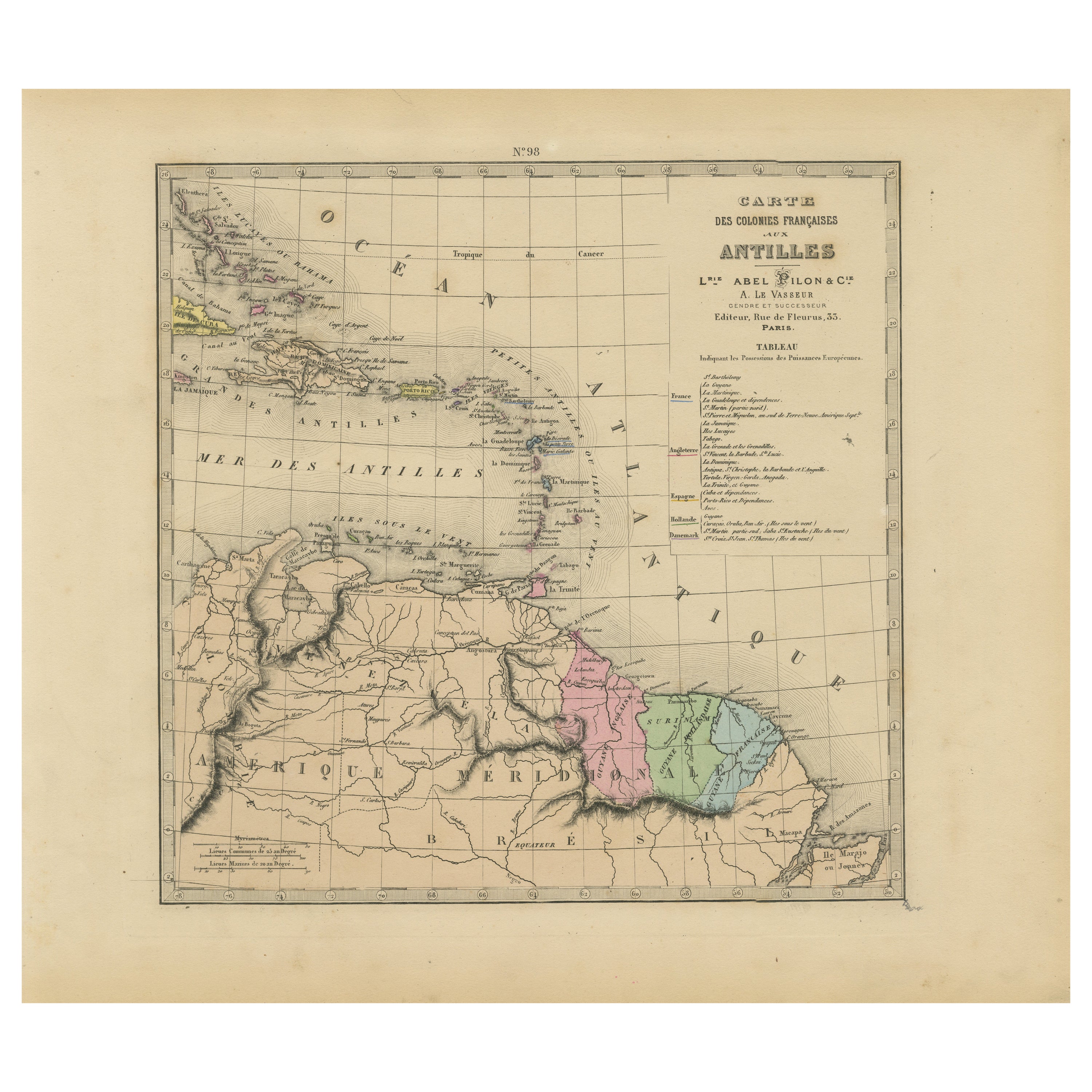 Authentique Map by Pilon of The French Colonies in The West Indies, 1876 For Sale
