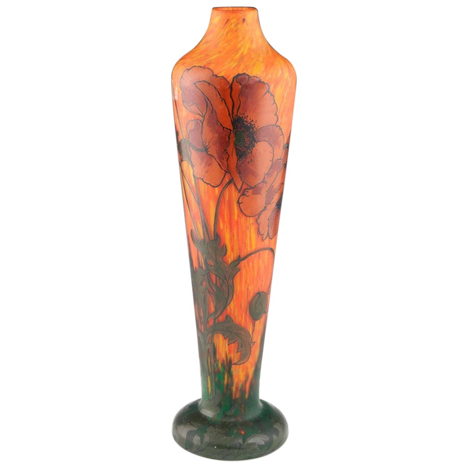 Legras-Vase, emailliert mit Mohnblumen, um 1920 im Angebot