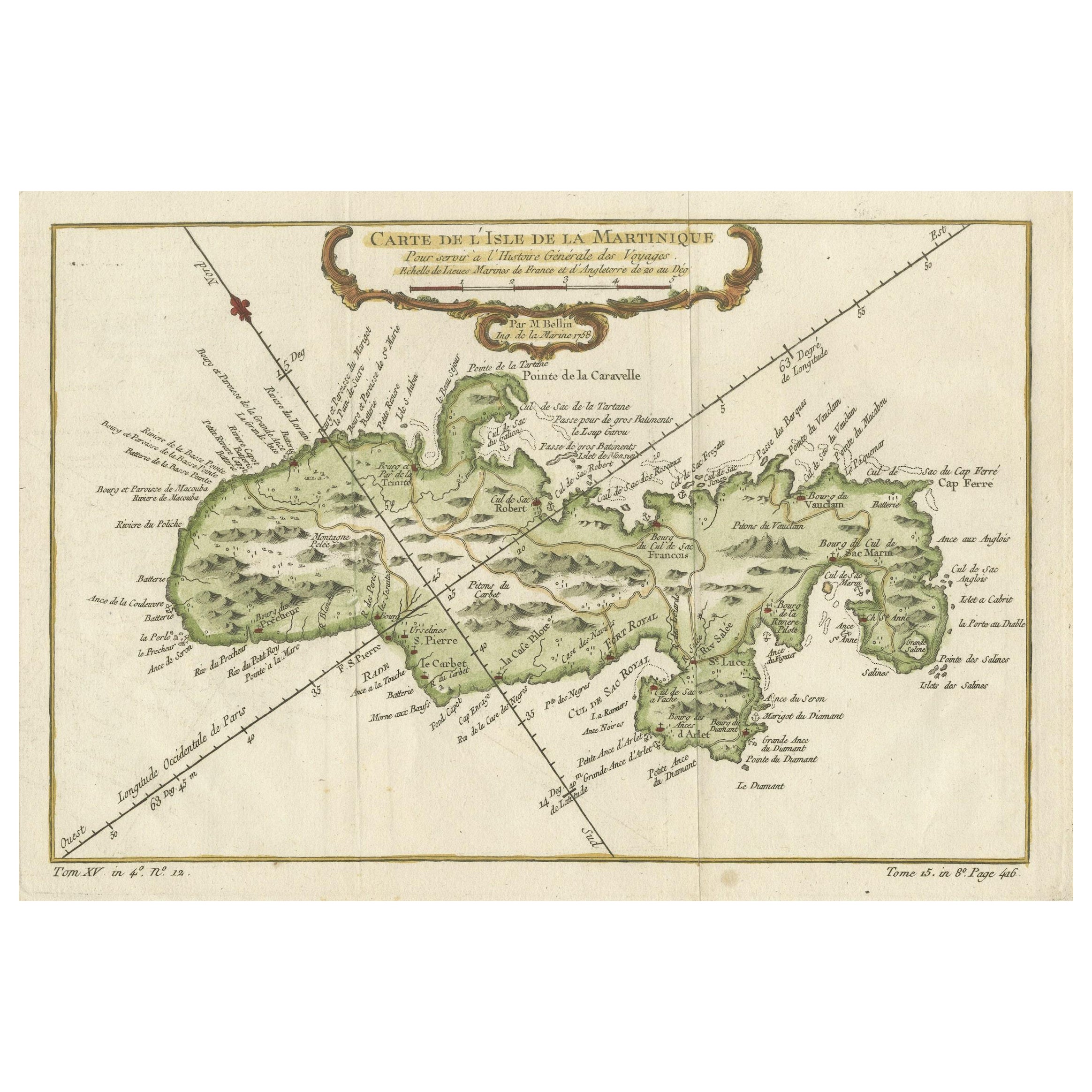 L'île de Martinique aux Caraïbes par Bellin, carte ancienne originale, 1780 en vente