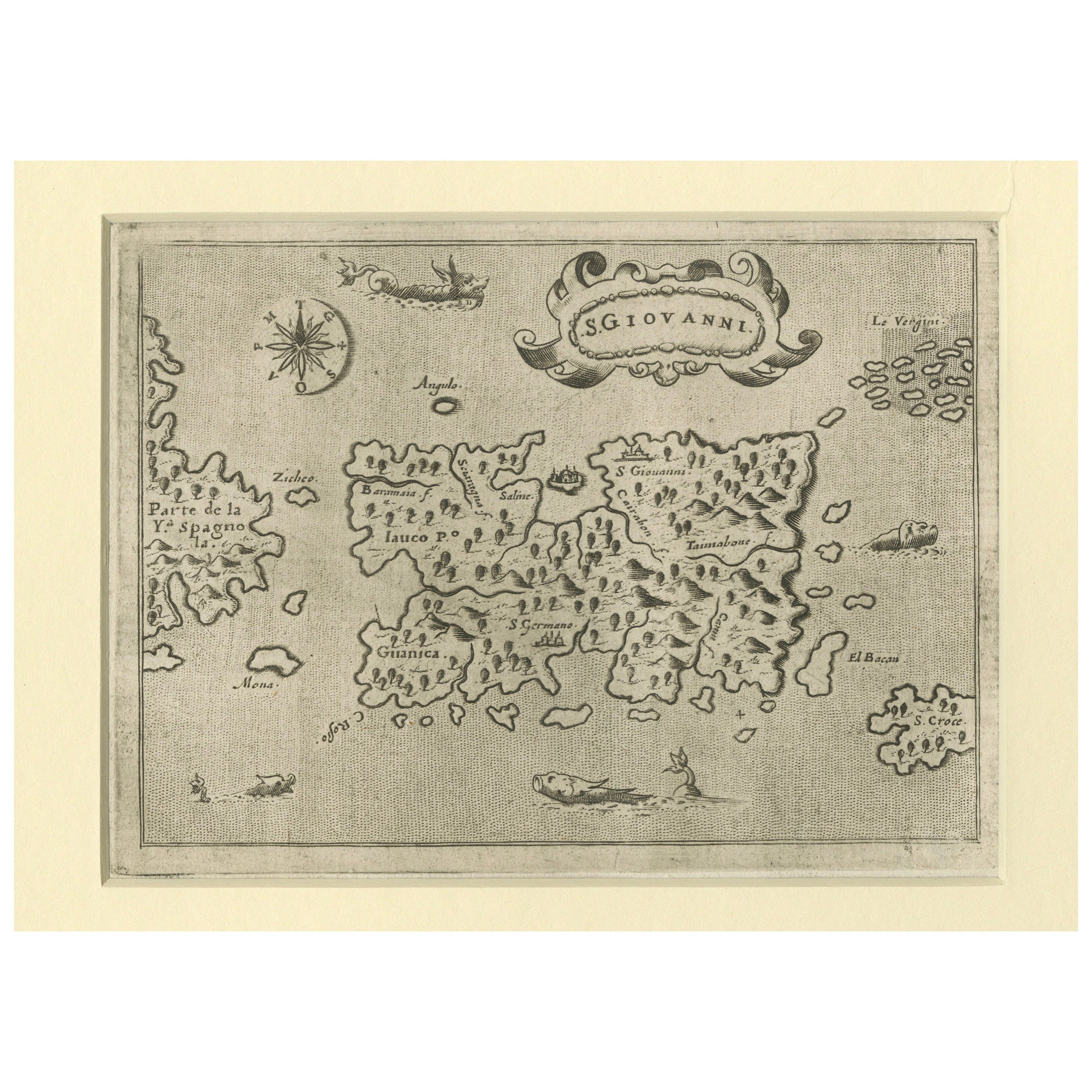 Early Map of Puerto Rico Printed in Venice by G. F. Camocio in 1571 For Sale