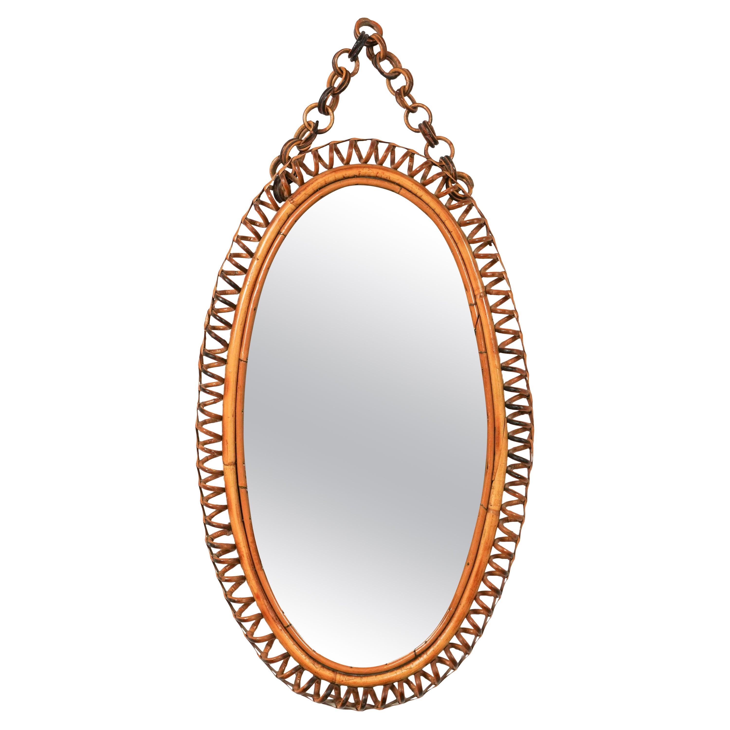 Midcentury Rattan & Bamboo Oval Wall Mirror with Chain, Italy 1960s For Sale