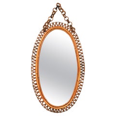 Midcentury Rattan & Bamboo Oval Wall Mirror with Chain, Italy 1960s