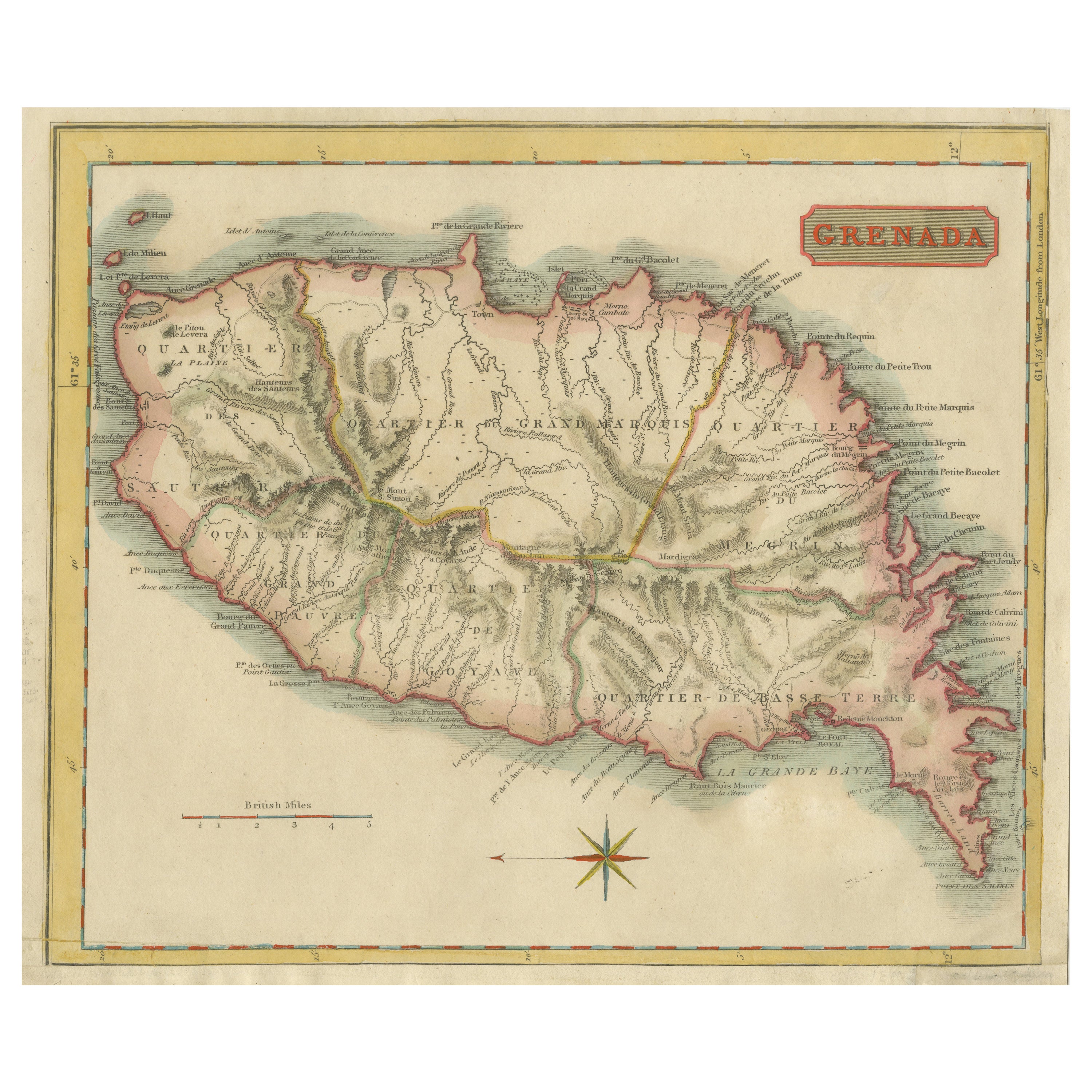Copper Engraved Grenada Map by John Thompson Published in 1810 For Sale