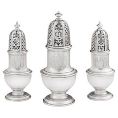 Set of 3 Early George II Heraldic Casters Made in London by Samuel Wood, 1733