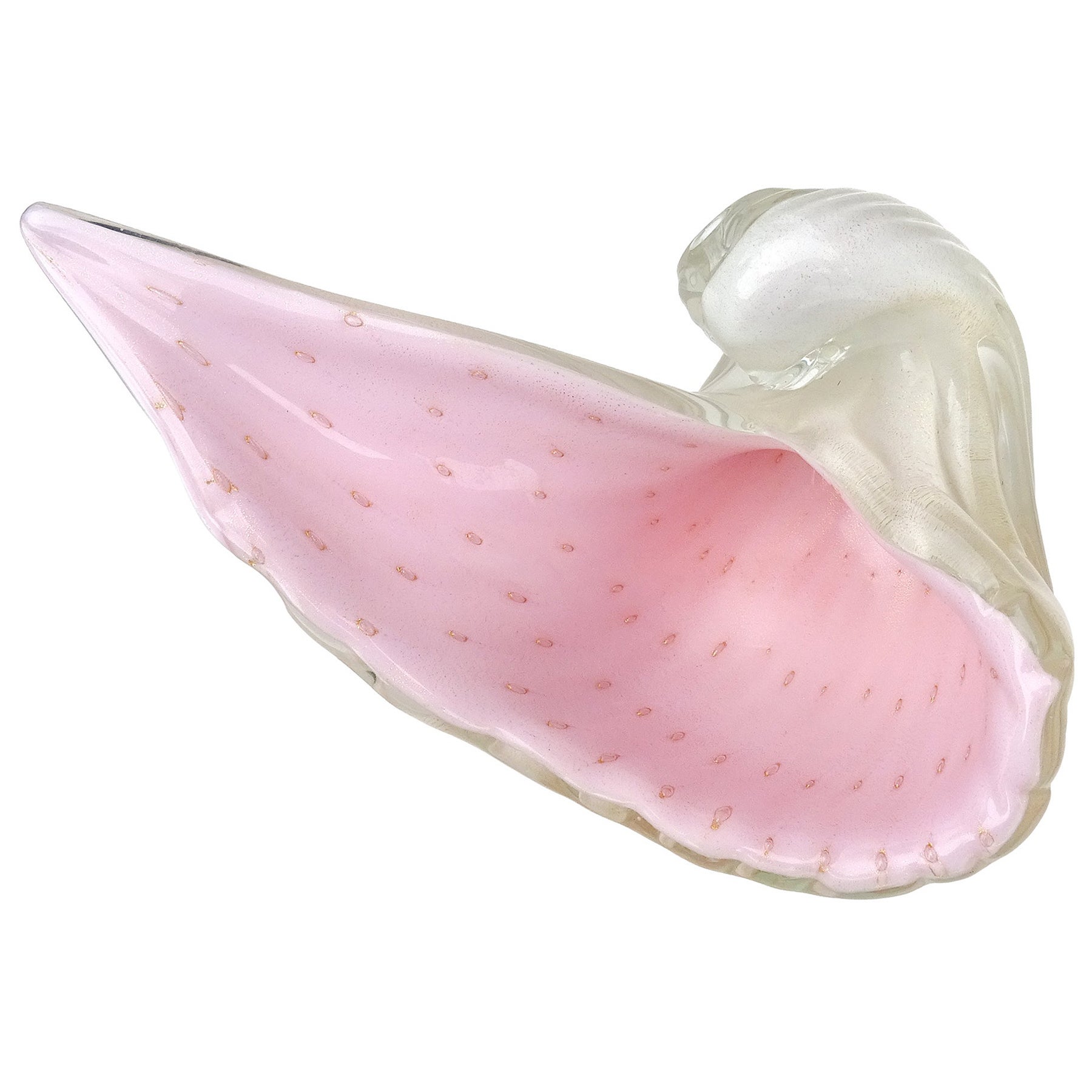 Alfredo Barbini Murano White Pink Gold Flecks Italian Art Glass Seashell Bowl For Sale