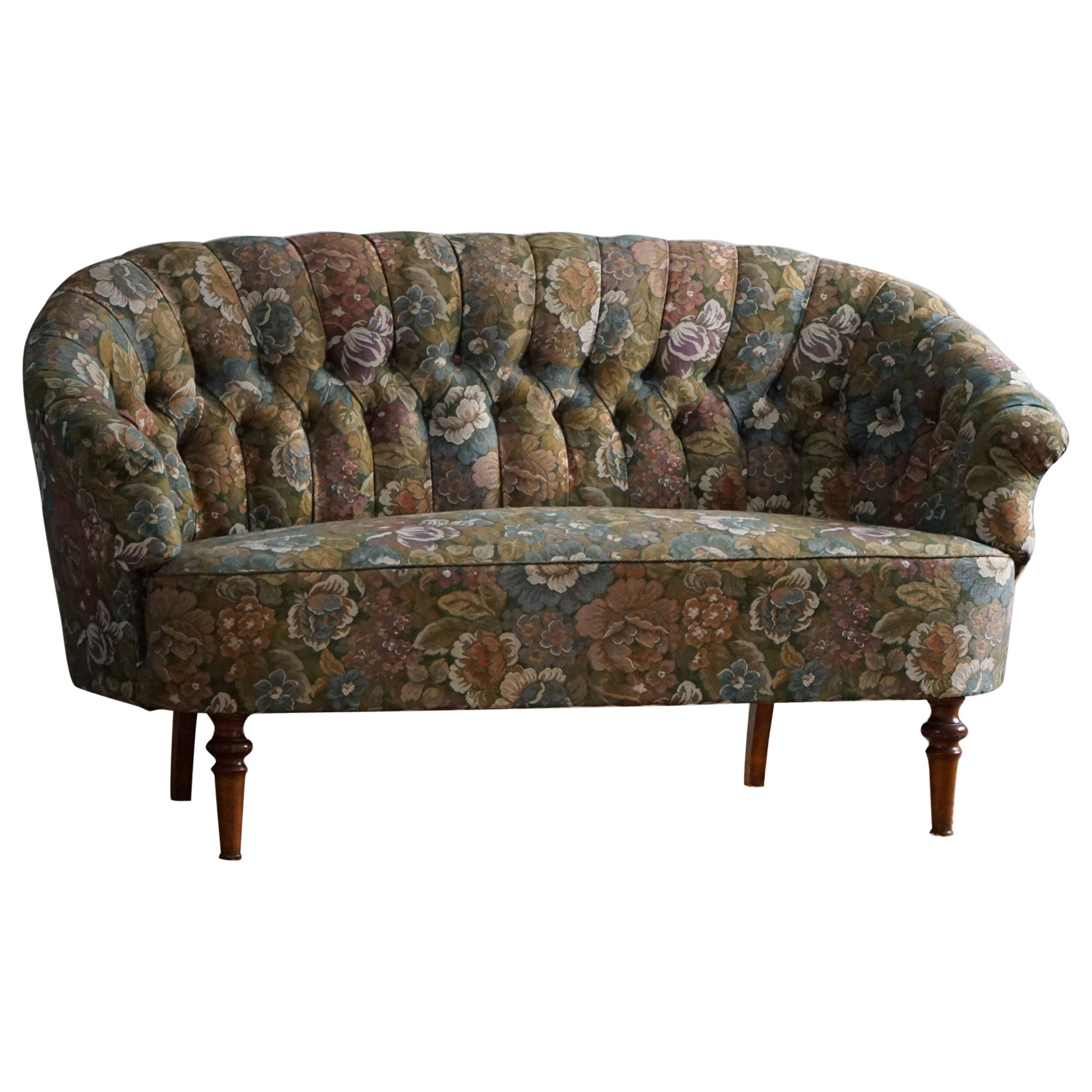 Antique Curved Sofa with Flora Fabric, By a Danish Cabinetmaker, Early 1900s