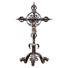 Vintage Gothic Dragons Base Wrought Iron Altar Crucifix with Bronze Sculpture of Christ