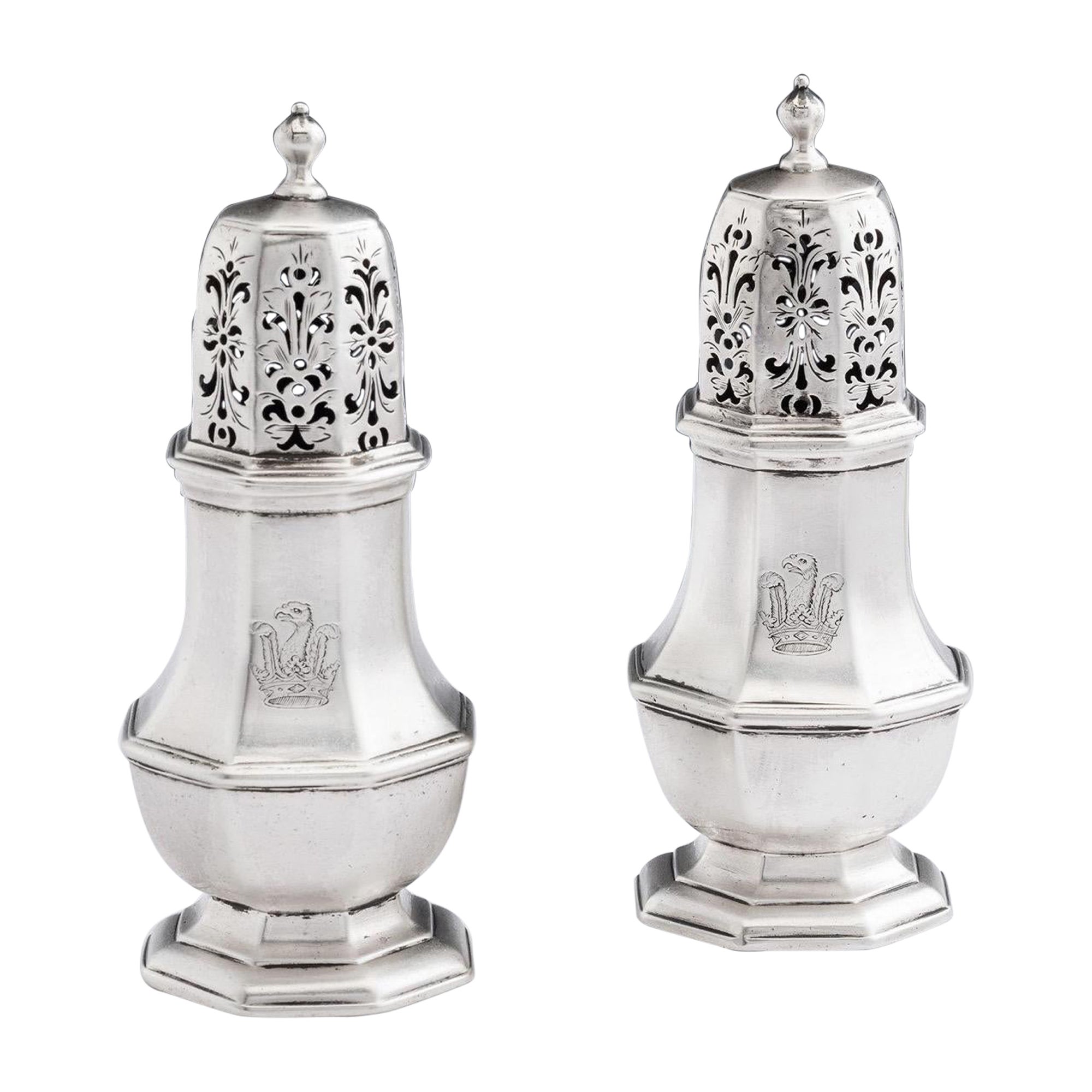 Pair of George I Britannia Standard Octagonal Pepper Casters by Samuel Welder