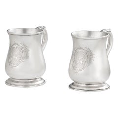 Used Pair of George II Half Pint Mugs Made in London by Thomas Whipham, 1754