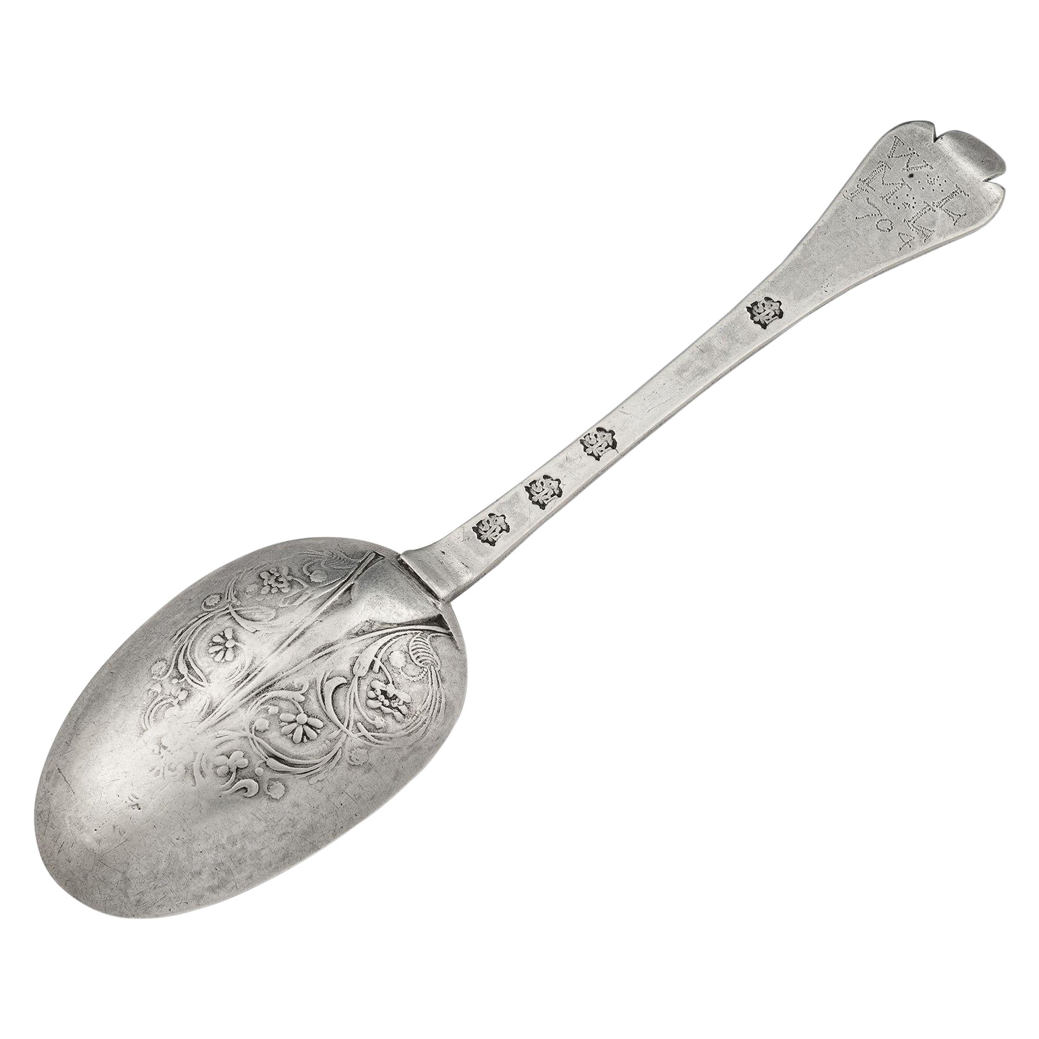 Queen Anne West Country Laceback Trefid Betrothal Spoon by Richard Sweet II For Sale
