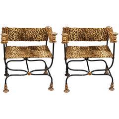 Pair of Campaign Chairs in Faux Leopard