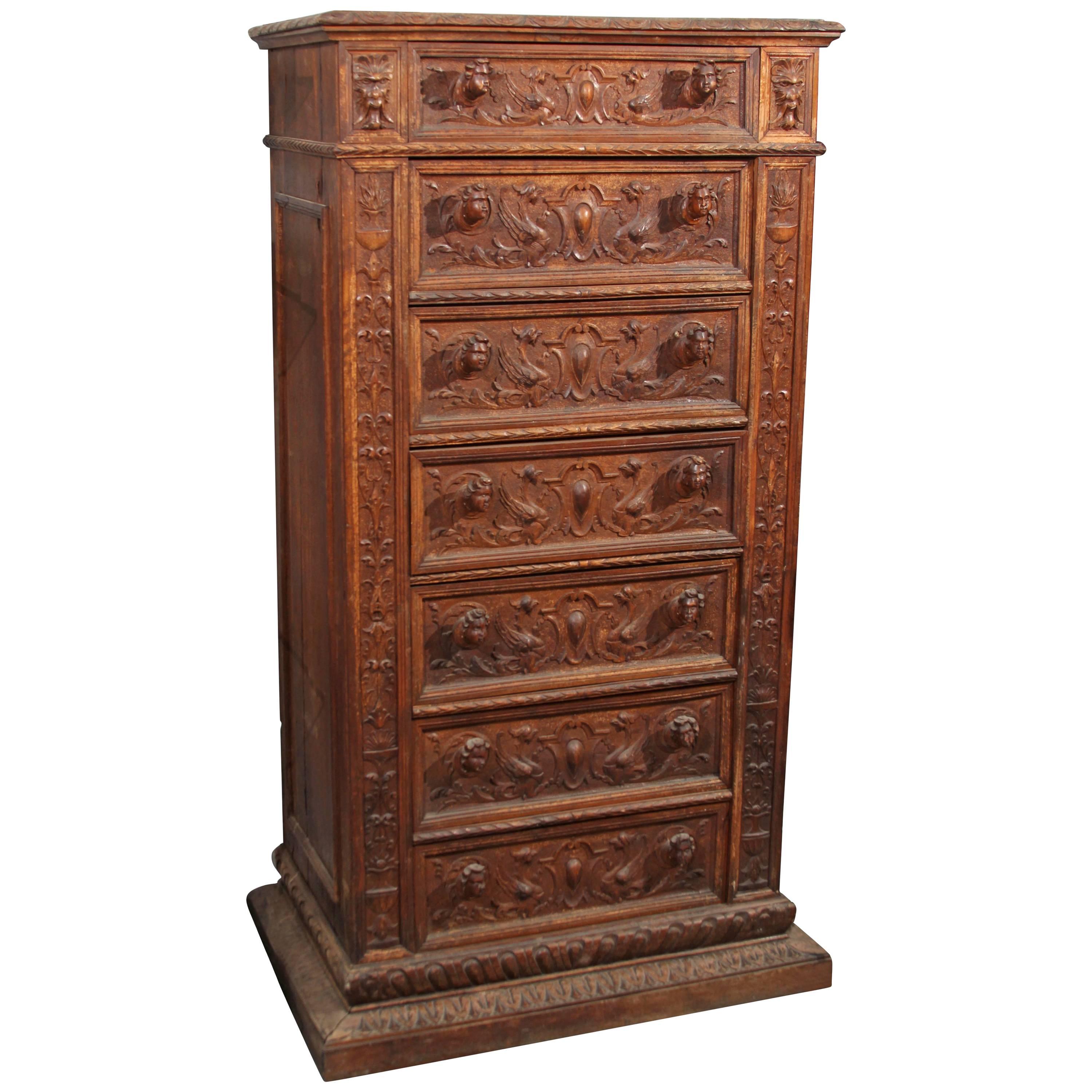 Hand-Carved Highboy or Chest For Sale