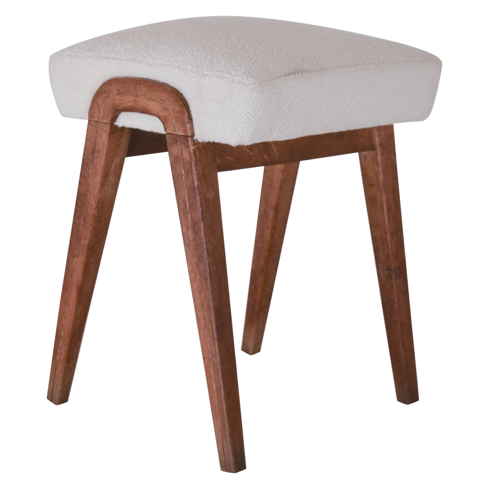 Spanish midcentury stool in oak wood and white textile.1960's