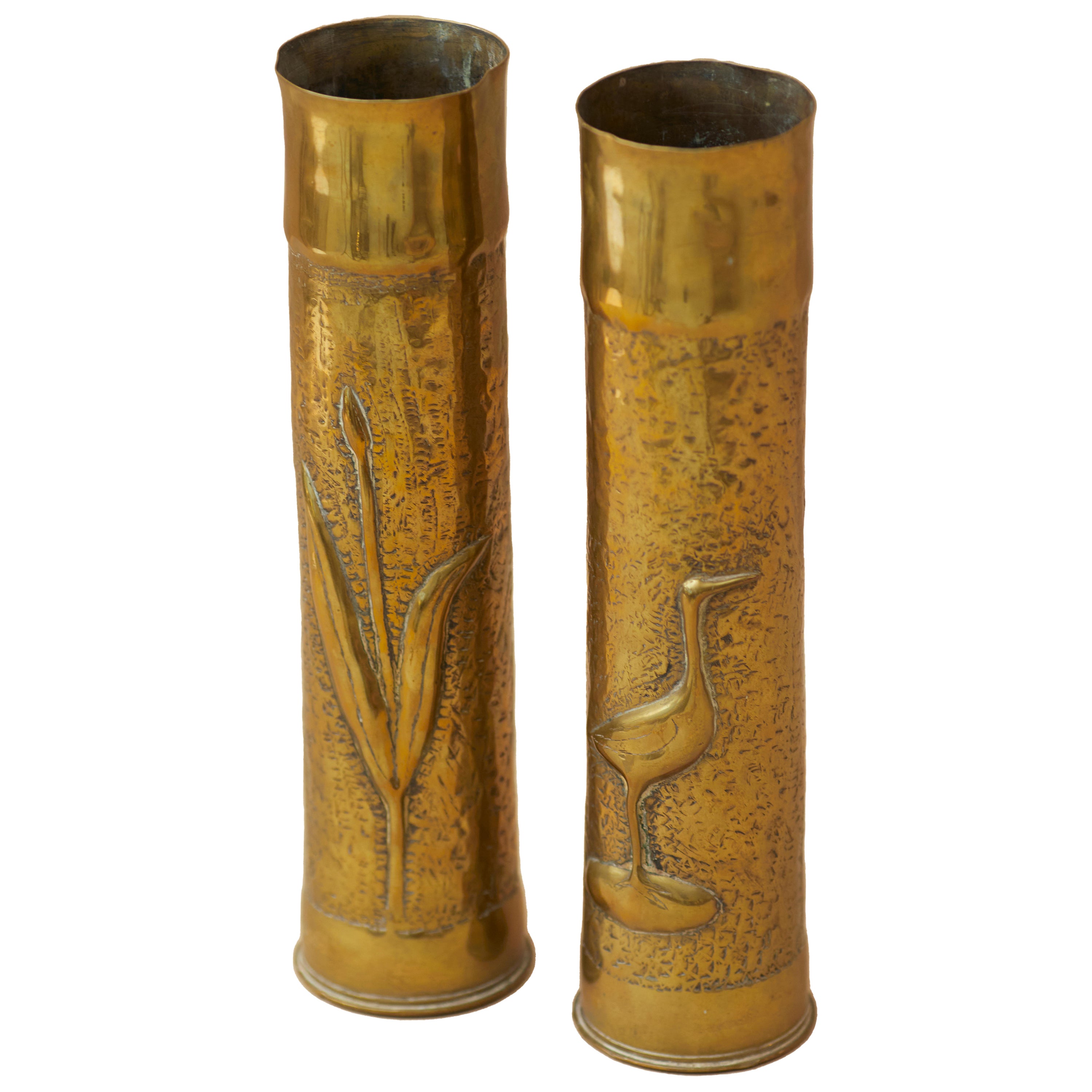 Pair of WW1 French Trench Art, Art Deco Artillery Brass Shell Casing Vases For Sale