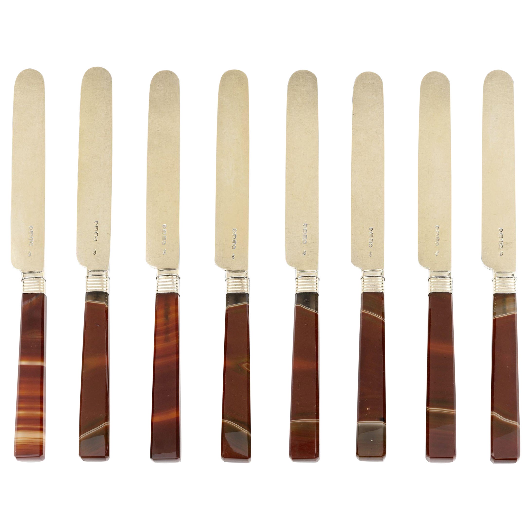 Juego de 6 cuchillos con mango de ágata dorada y plateada fabricados en Londres por George Adams, 1847