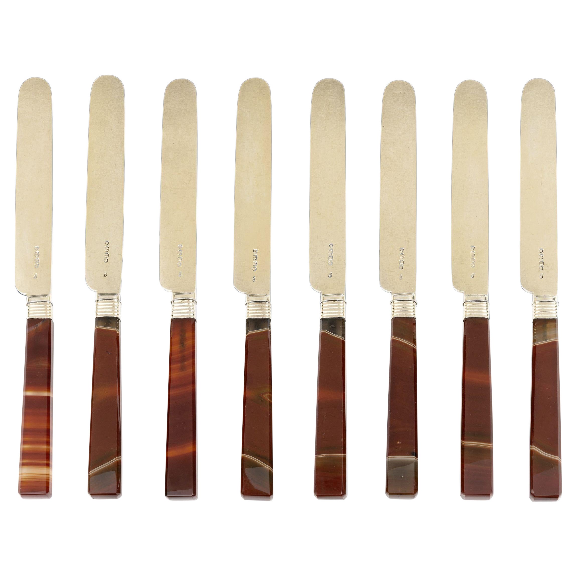 Juego de 6 cuchillos con mango de ágata dorada y plateada fabricados en Londres por George Adams, 1847