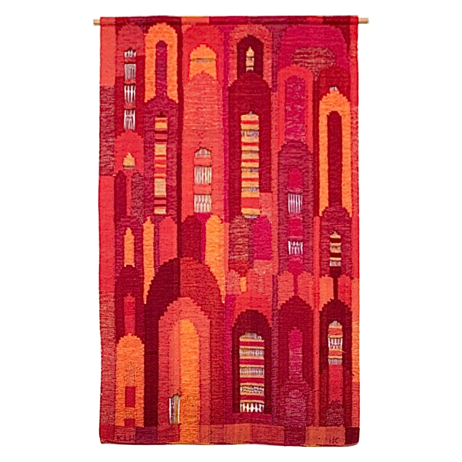 Considerable Large Handwoven Swedish Red Color Range Tapestry by Irma Kronlund