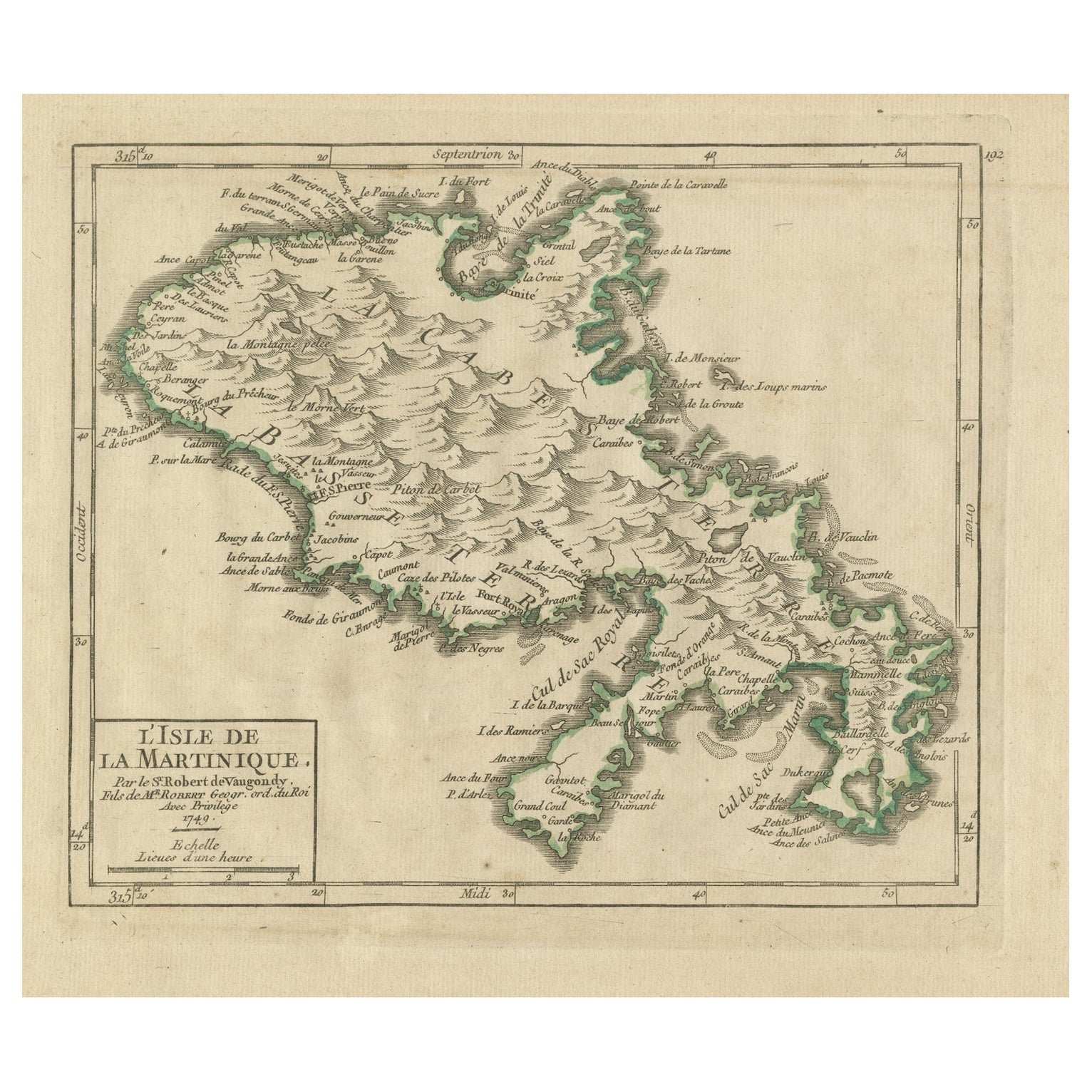 Original Historical Map of L'Ile De La Martinique by Vaugondy, 1749 For Sale