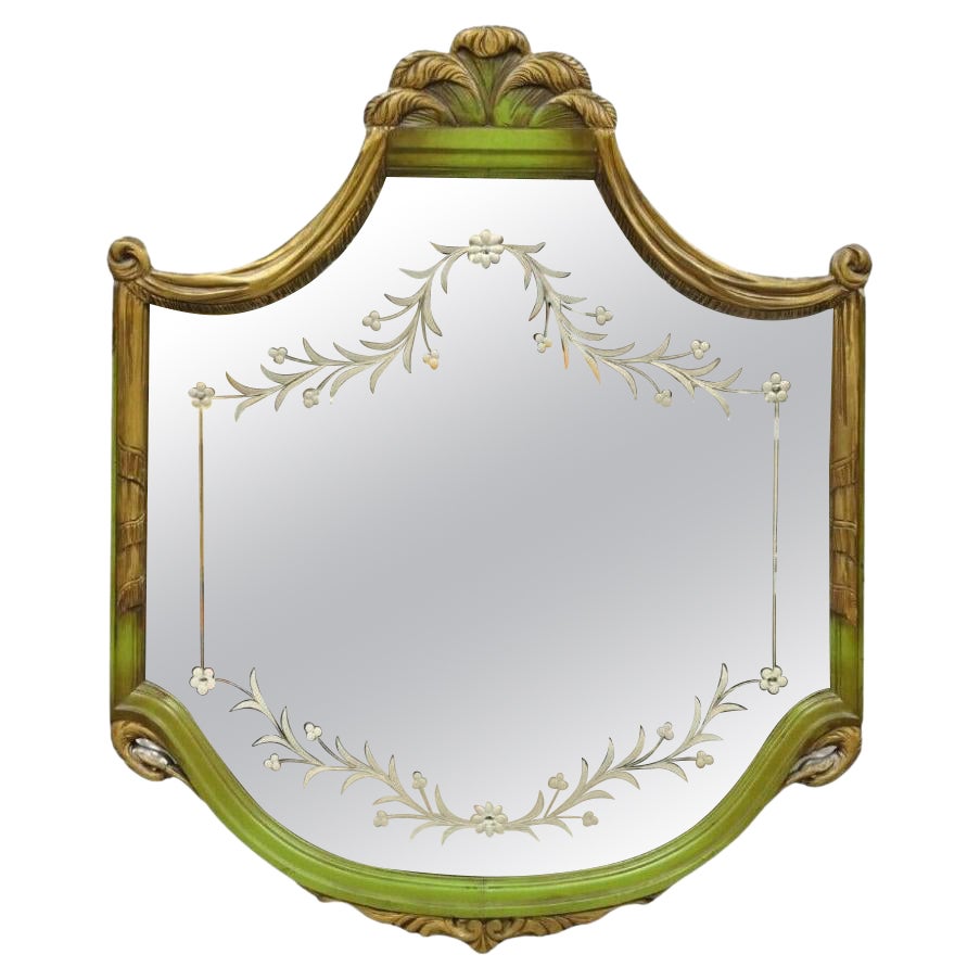 French Louis XVI Style Plume Swan Carved Green Painted Leafy Etched Wall Mirror