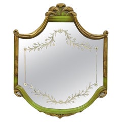 French Louis XVI Style Plume Swan Carved Green Painted Leafy Etched Wall Mirror