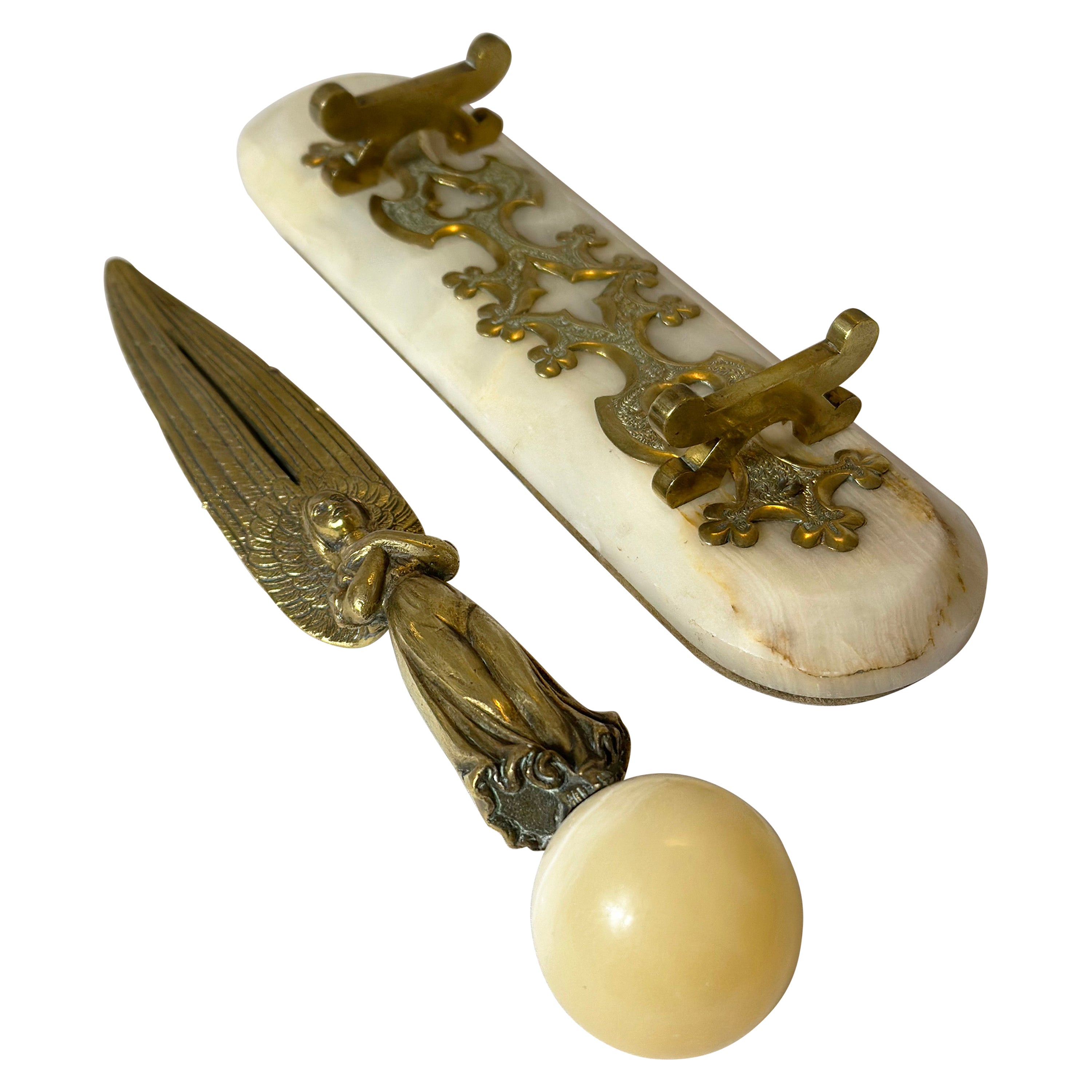 Victorian, Castellani, Brass Paper Knife, Onyx Decoration, Lux Desk Accessories
