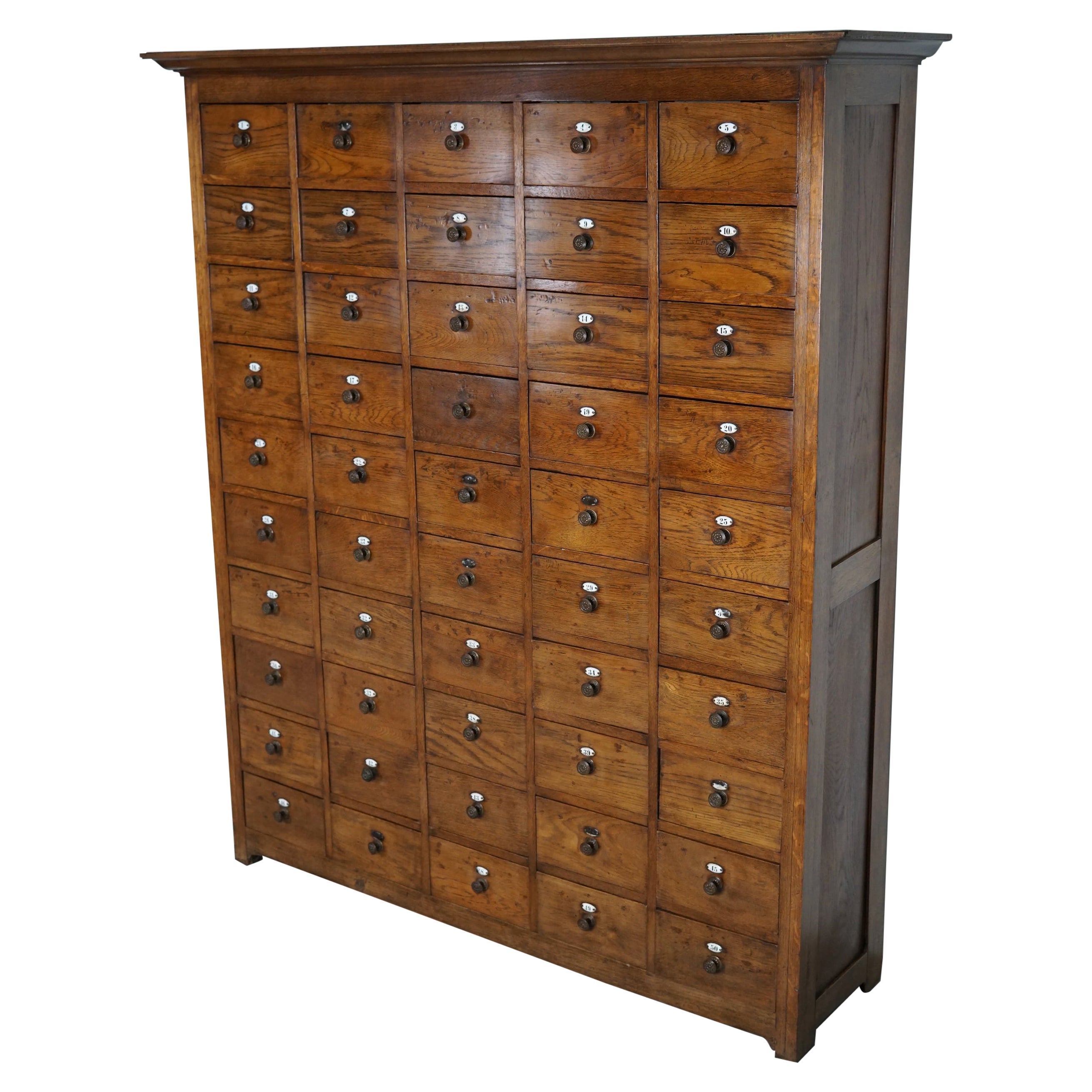 Large Dutch Oak Apothecary Cabinet / Barber Cabinet with Enamel Shields, 1900s For Sale