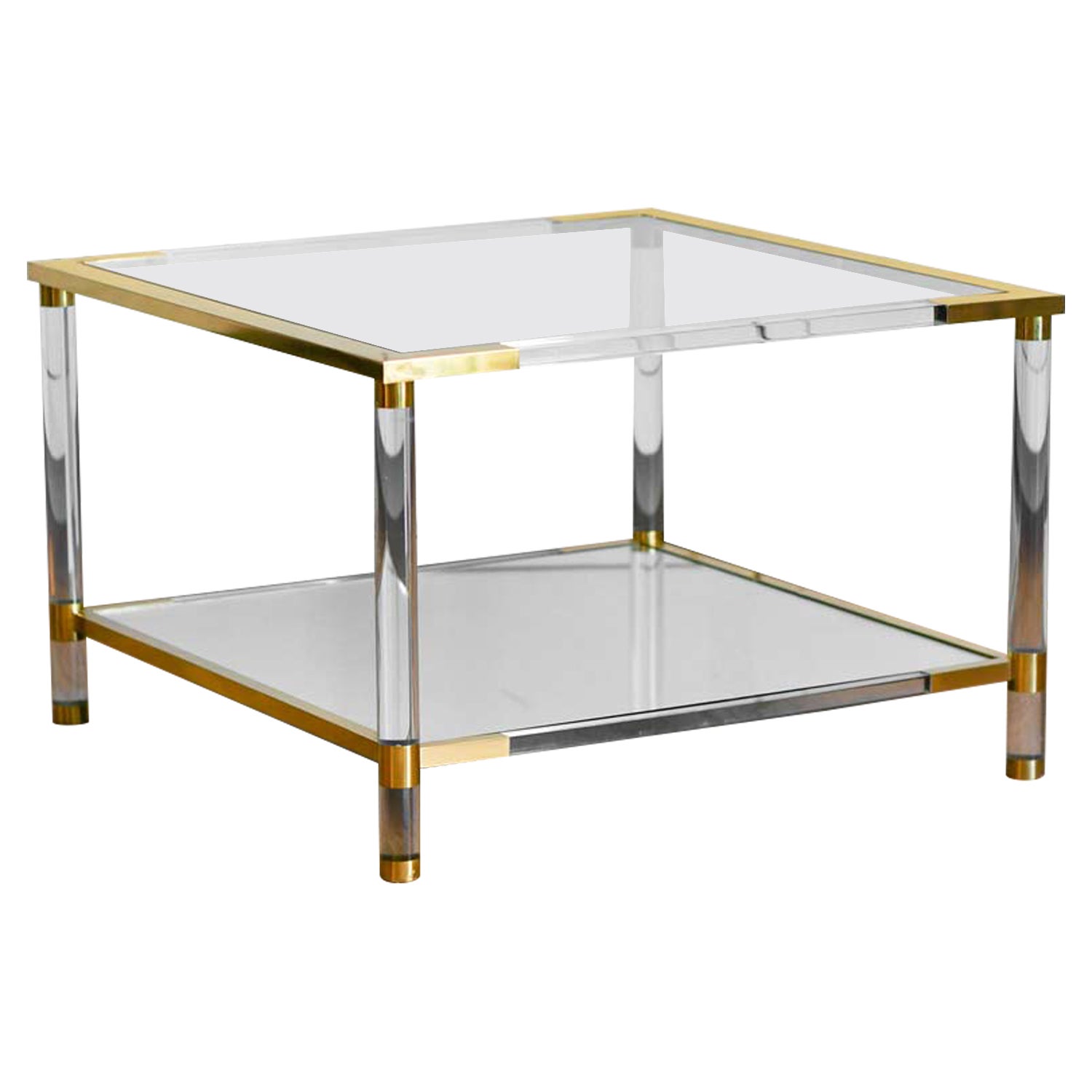 Coffee table in glass, mirrored glass, methacrylate and brass.  For Sale