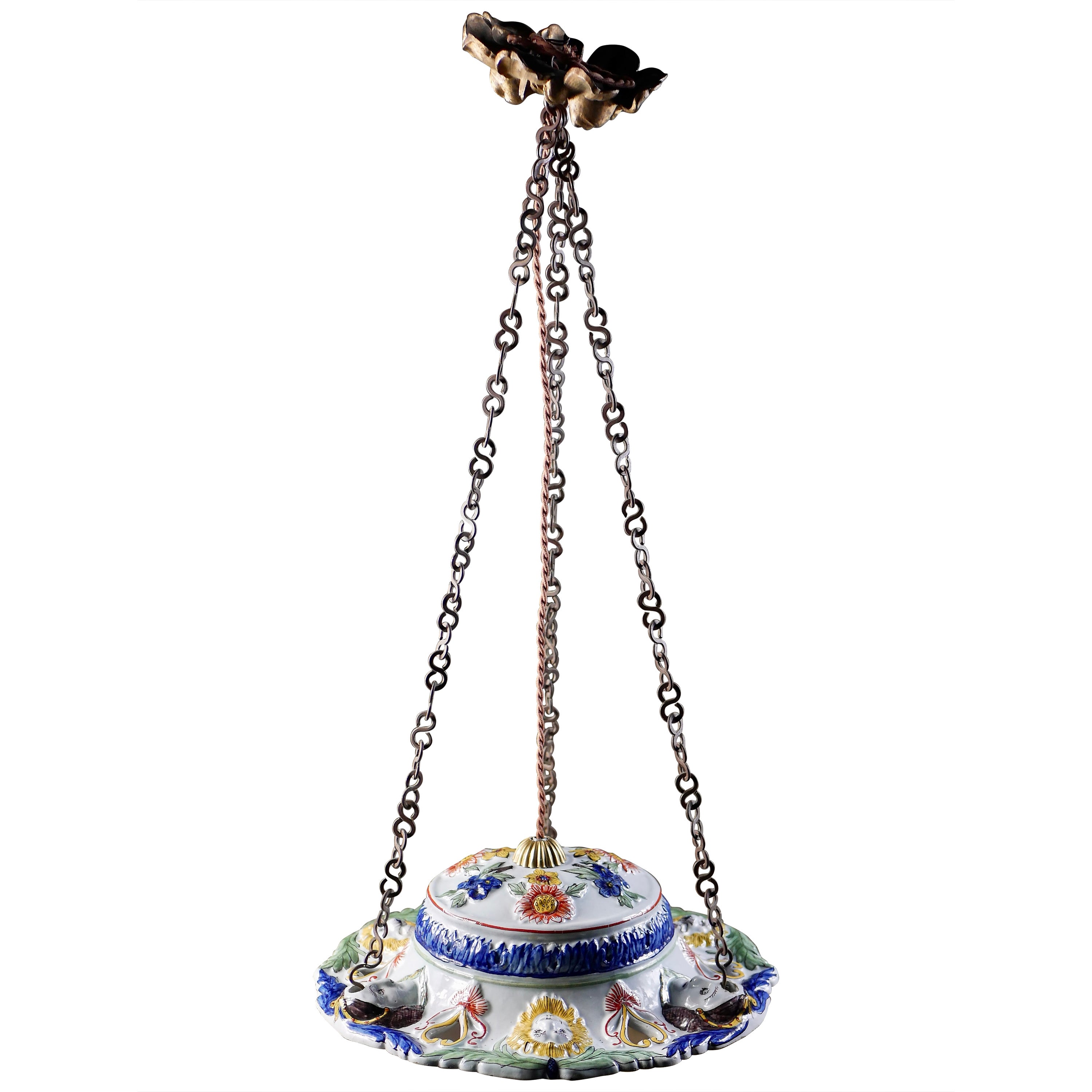 Baroque Woman and lion faces polychrome ceramic chandelier from Sicily, 19th century For Sale