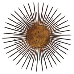 Large French Sunburst Flush Mount Light Fixture or Pendant, Gilt Iron, 1940s