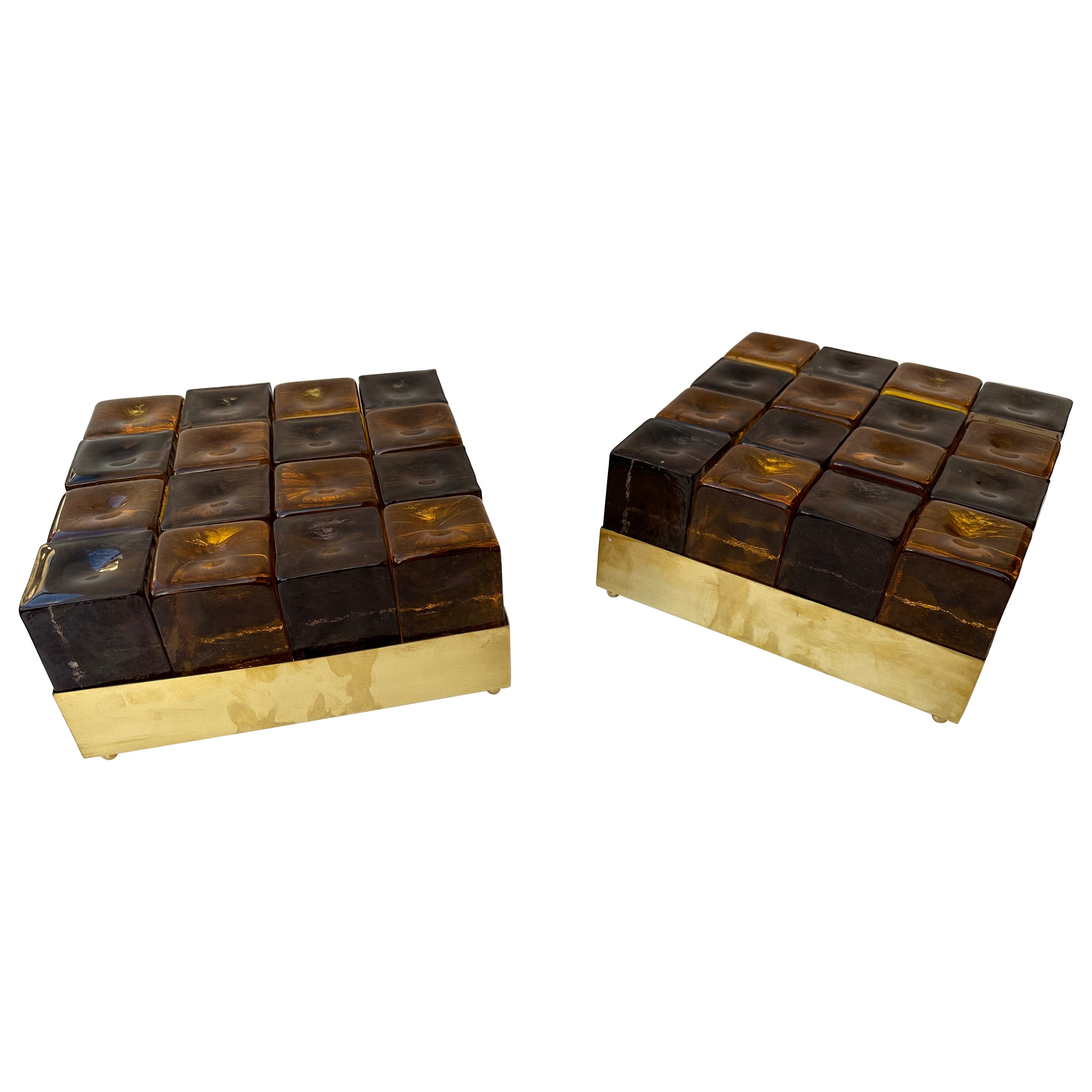 Contemporary Pair of Brass and Murano Glass Cube Marquetry Lamps, Italy For Sale