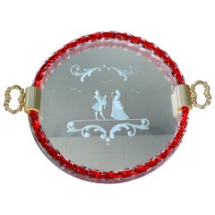 Vintage Mid-Century Murano etched Glass and Mirror Tray, Italy 1960