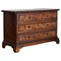 Antique Italian, Lombardia Carved Walnut 3- Drawer Commode, Early 18th C