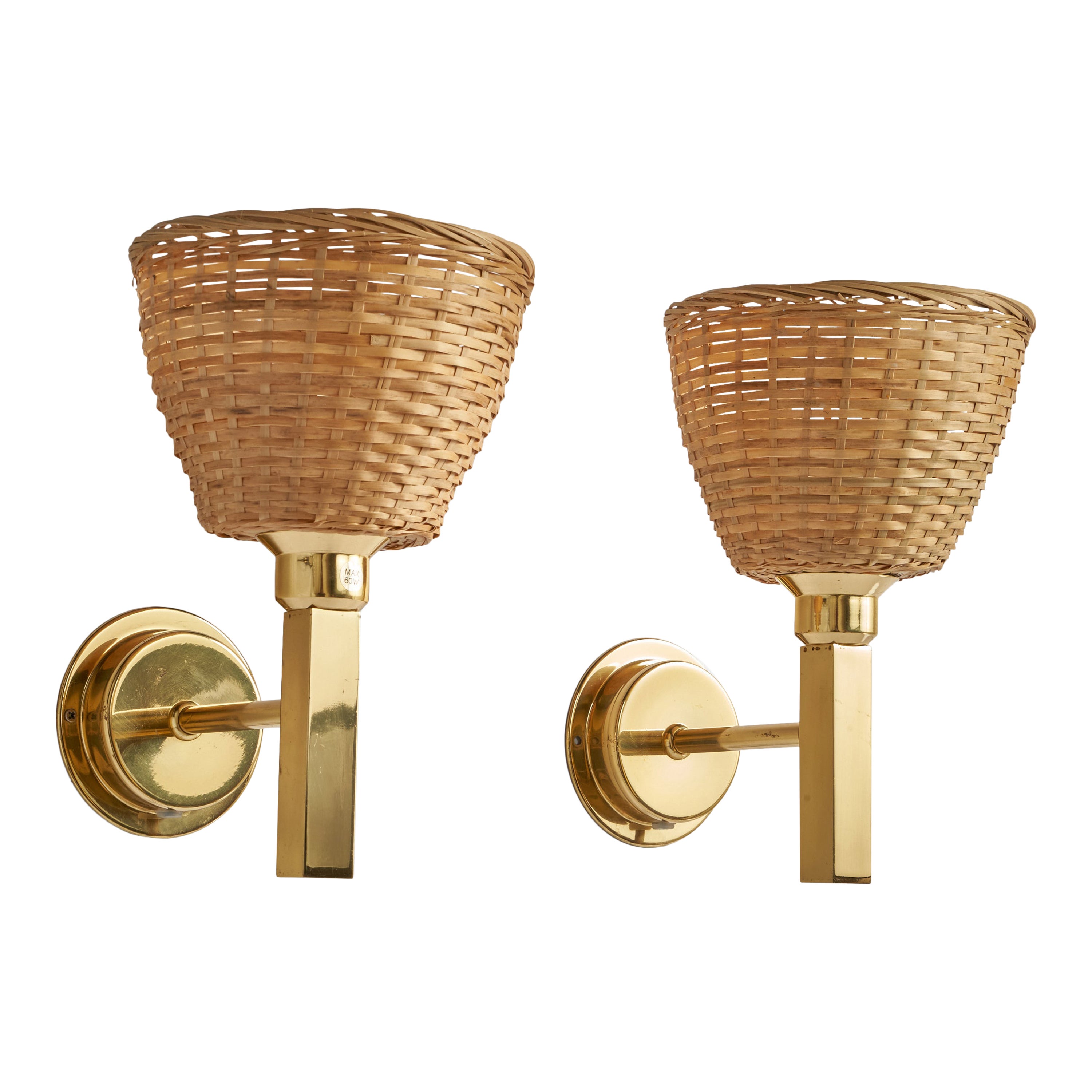 Ewå Värnamo, Wall Lights, Brass, Rattan, Sweden, 1970s