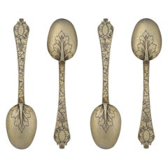 Set of 4 William & Mary Silver Gilt Scratch Engraved Trefid Teaspoon, circa 1690