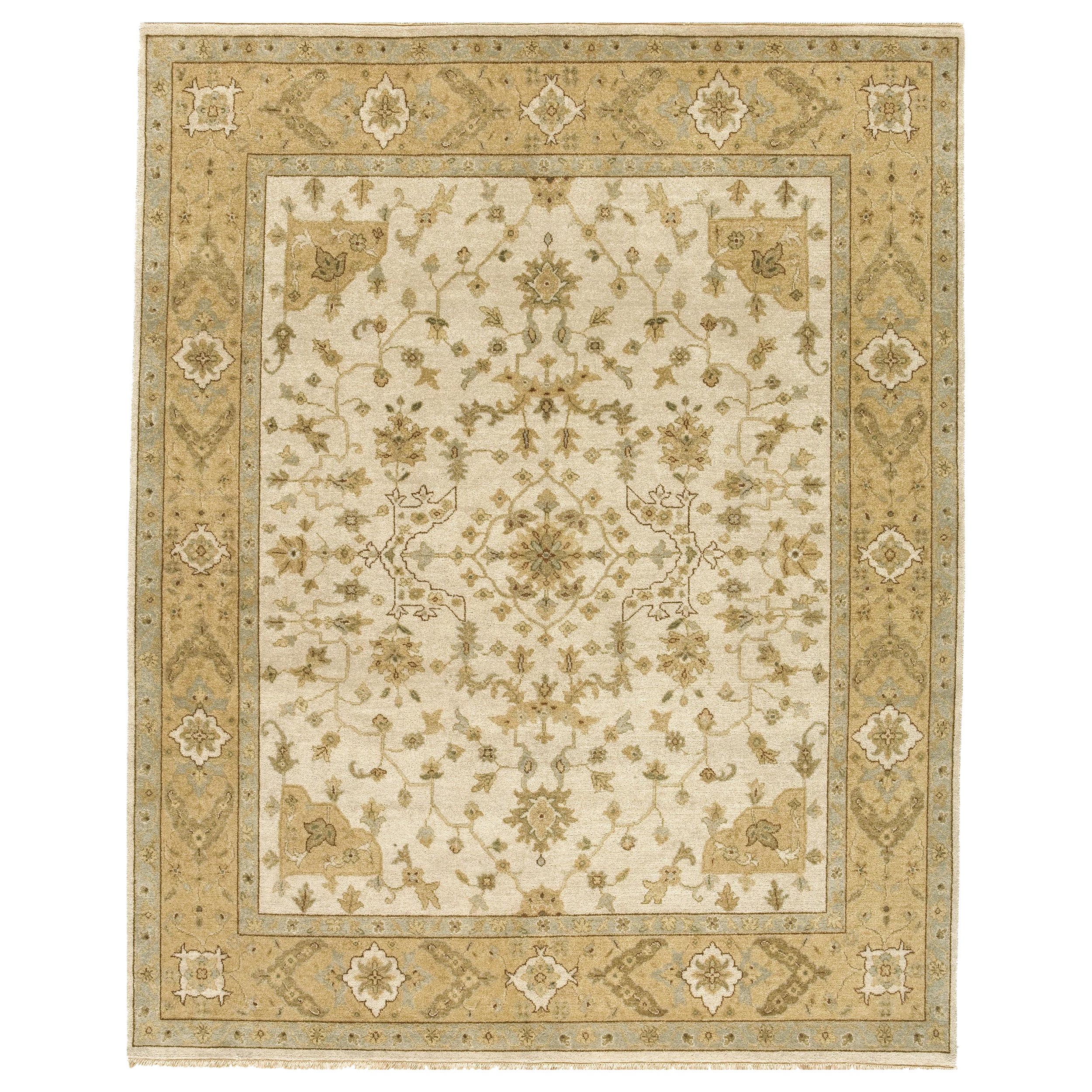 Luxury Traditional Hand-Knotted Herati Ivory & Gold 12x22 Rug For Sale