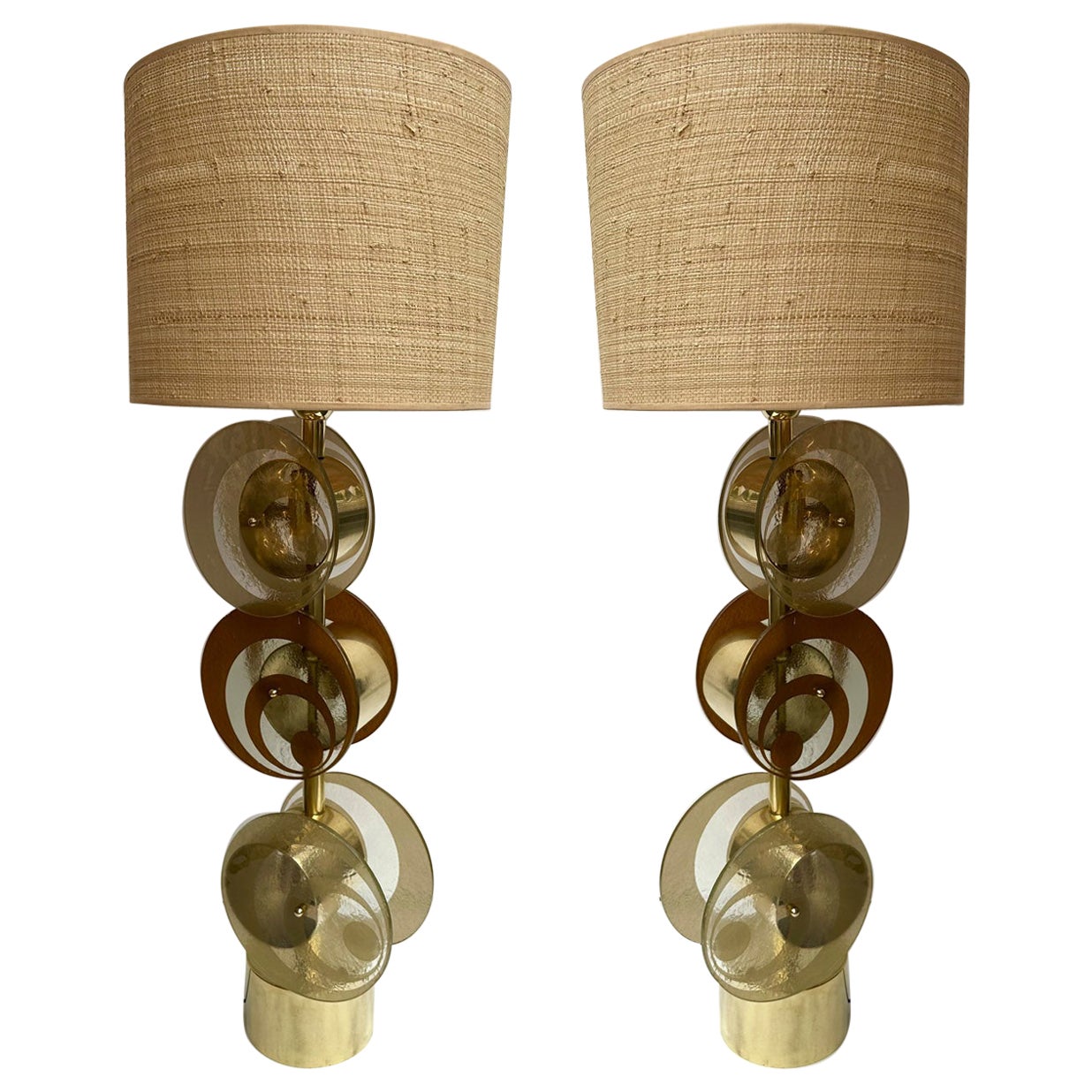 Contemporary Pair of Brass and Murano Glass Spiral Disc Lamps, Italy For Sale