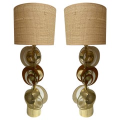 Contemporary Pair of Brass and Murano Glass Spiral Disc Lamps, Italy