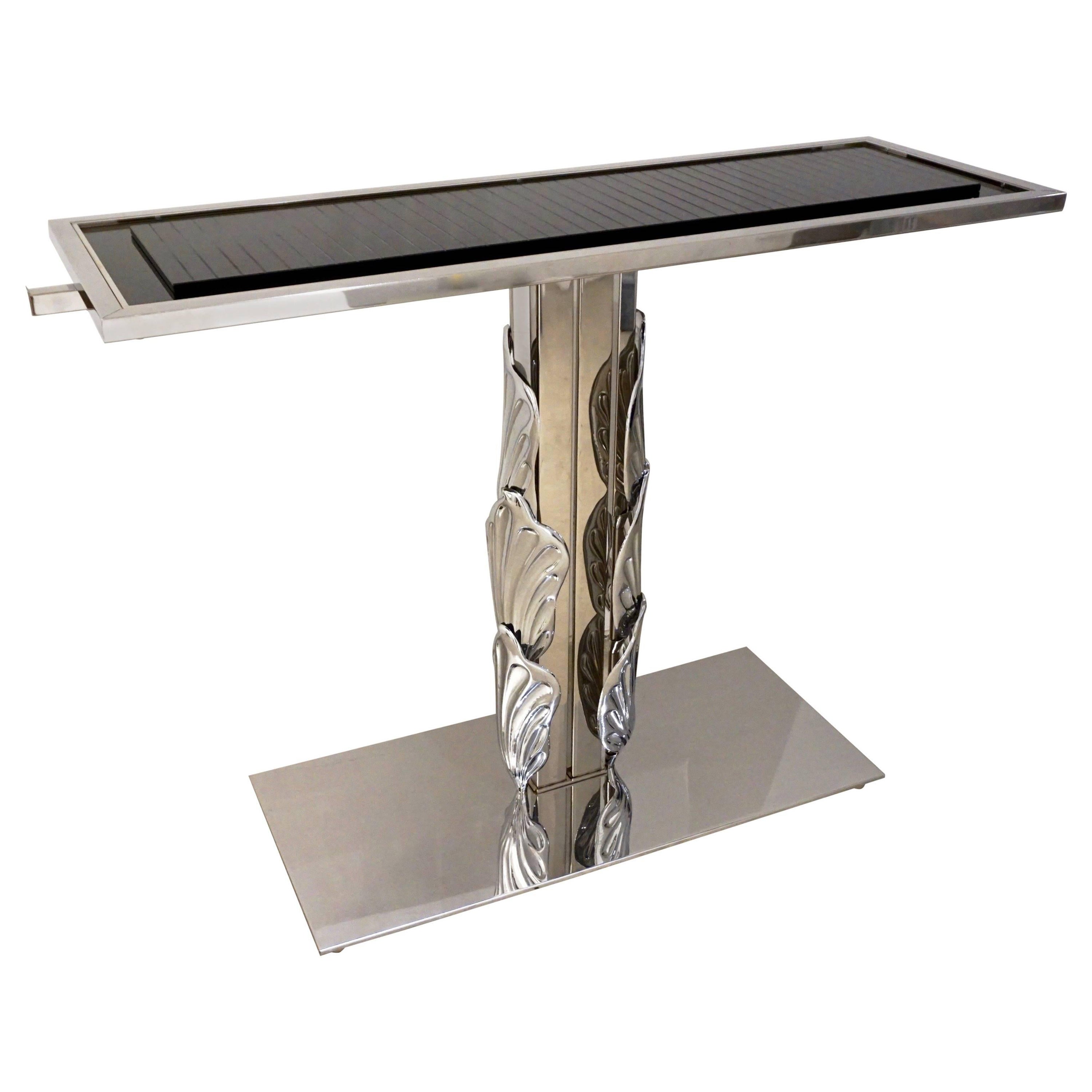 Italian Contemporary Polished Chrome and Black Glass Console with Shell Motif For Sale