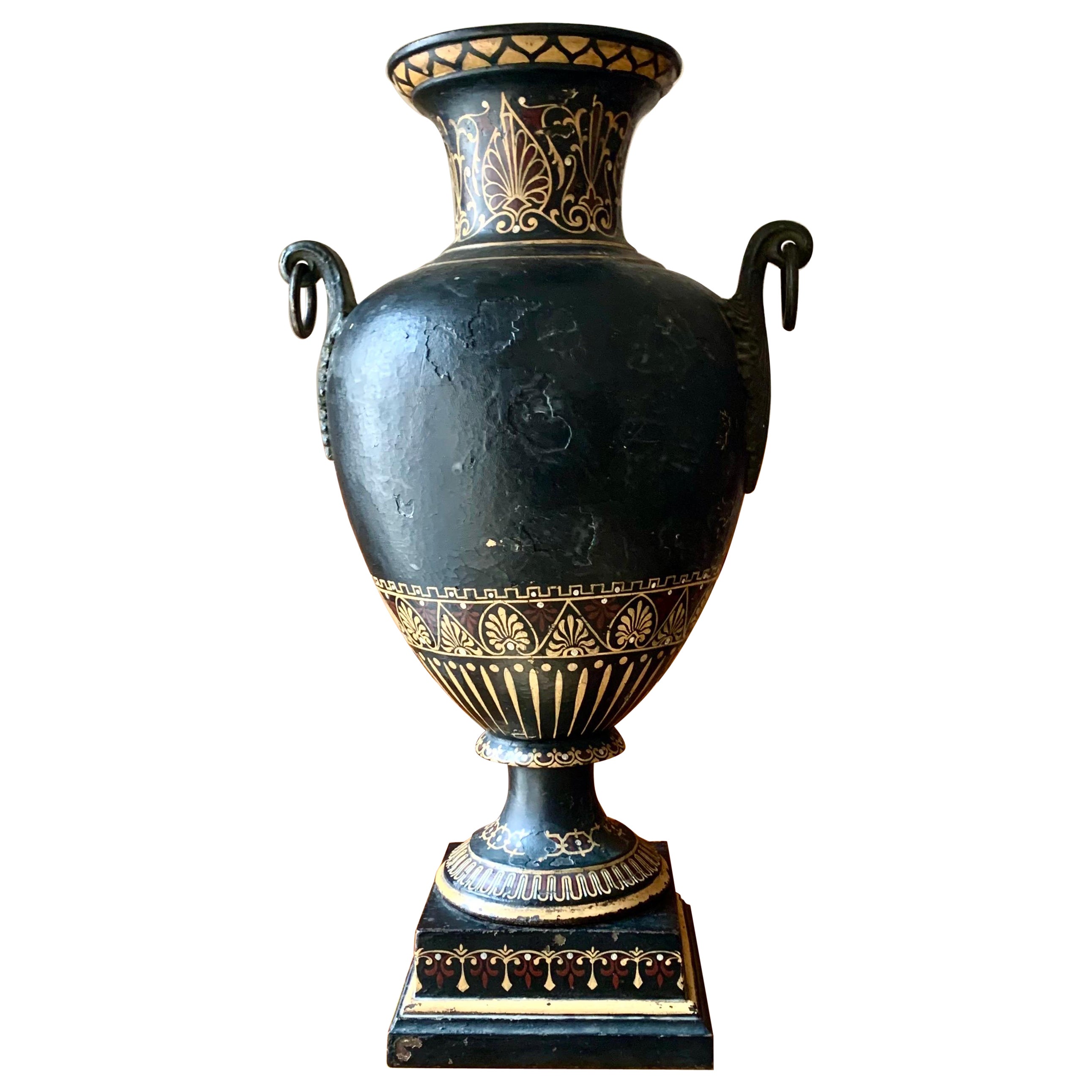 a Grand Tour Etruscan Cast Iron Painted Vase Urn  For Sale