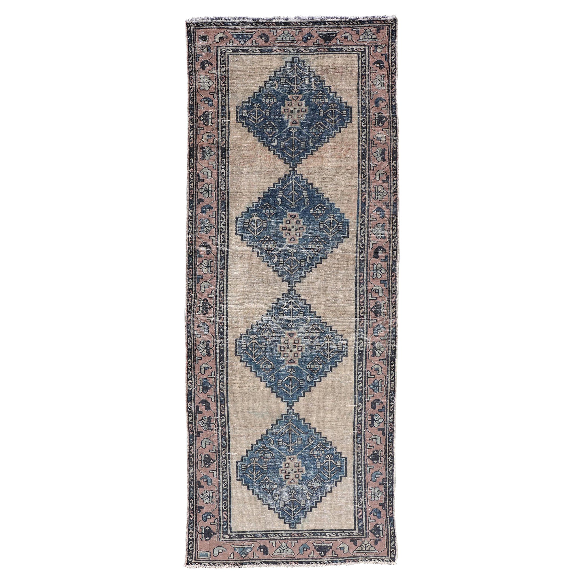 Vintage Persian Hamadan Distressed Runner With Medallion Design In Navy Blue For Sale