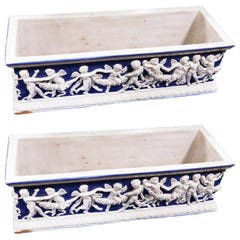 Pair of Large Antique Majolica Blue and White Planter Boxes with Putti