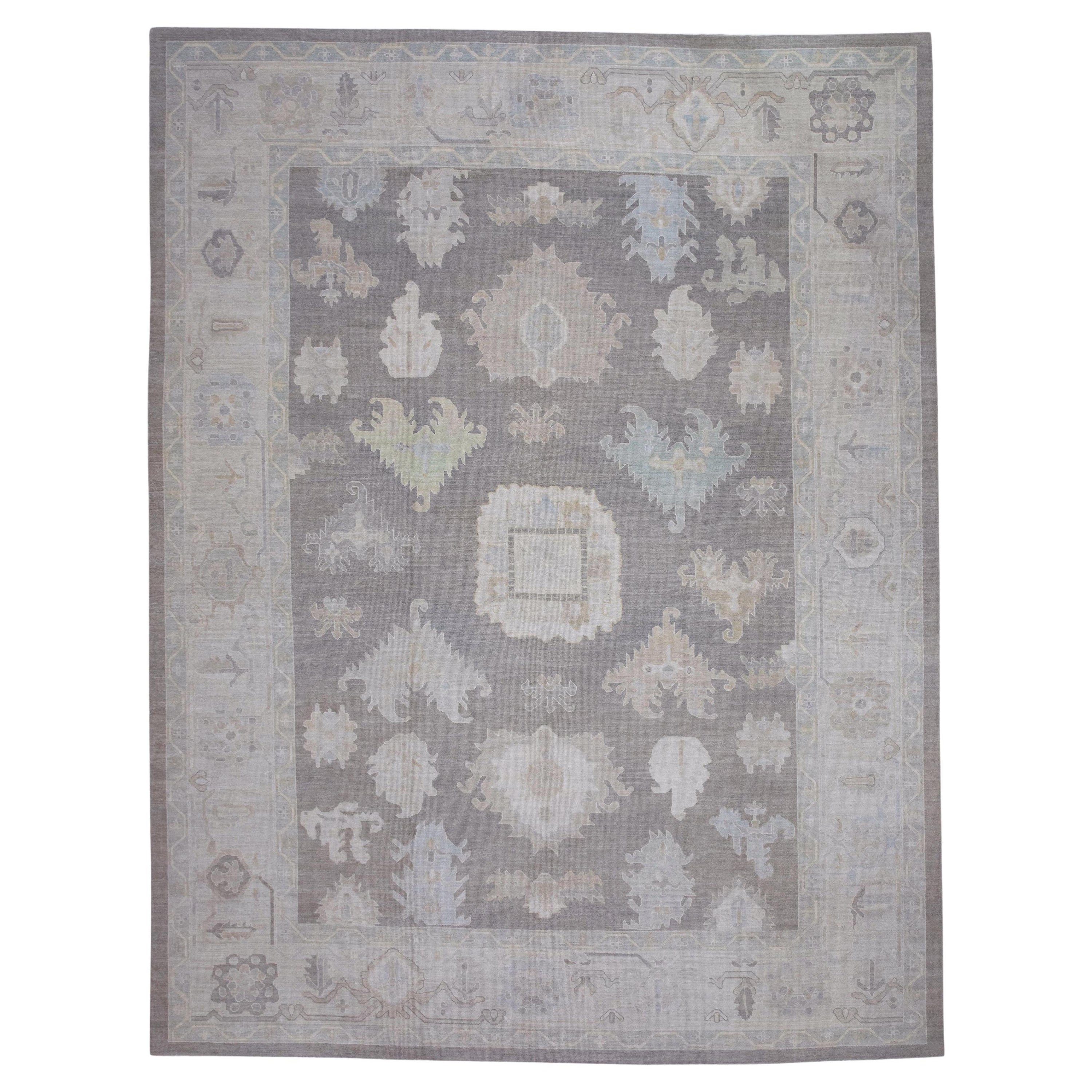 Gray Floral Design Handwoven Wool Turkish Oushak Rug 11'9" X 15'9"