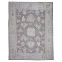 Tapis turc Oushak en laine à motifs floraux gris tissés à la main 11'9" X 15'9".