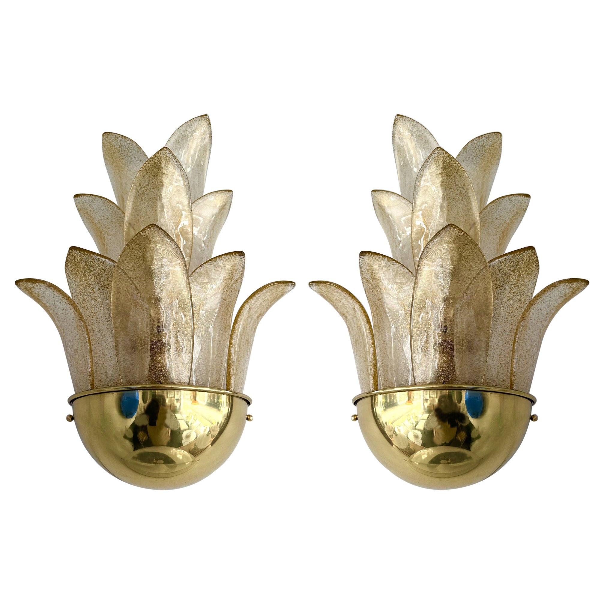 Contemporary Pair of Brass and Gilt Murano Glass Palm Tree Sconces, Italy