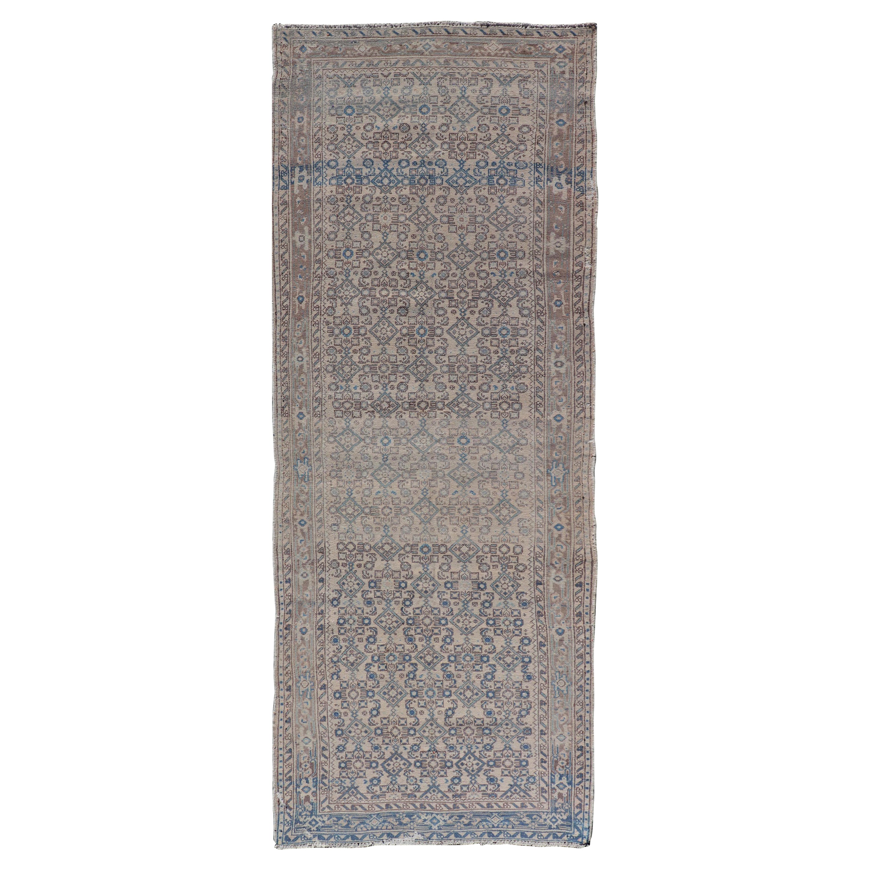 Vintage Persian Hamadan Runner in Cool Tones of Light Blue, Ivory, and L. Brown For Sale