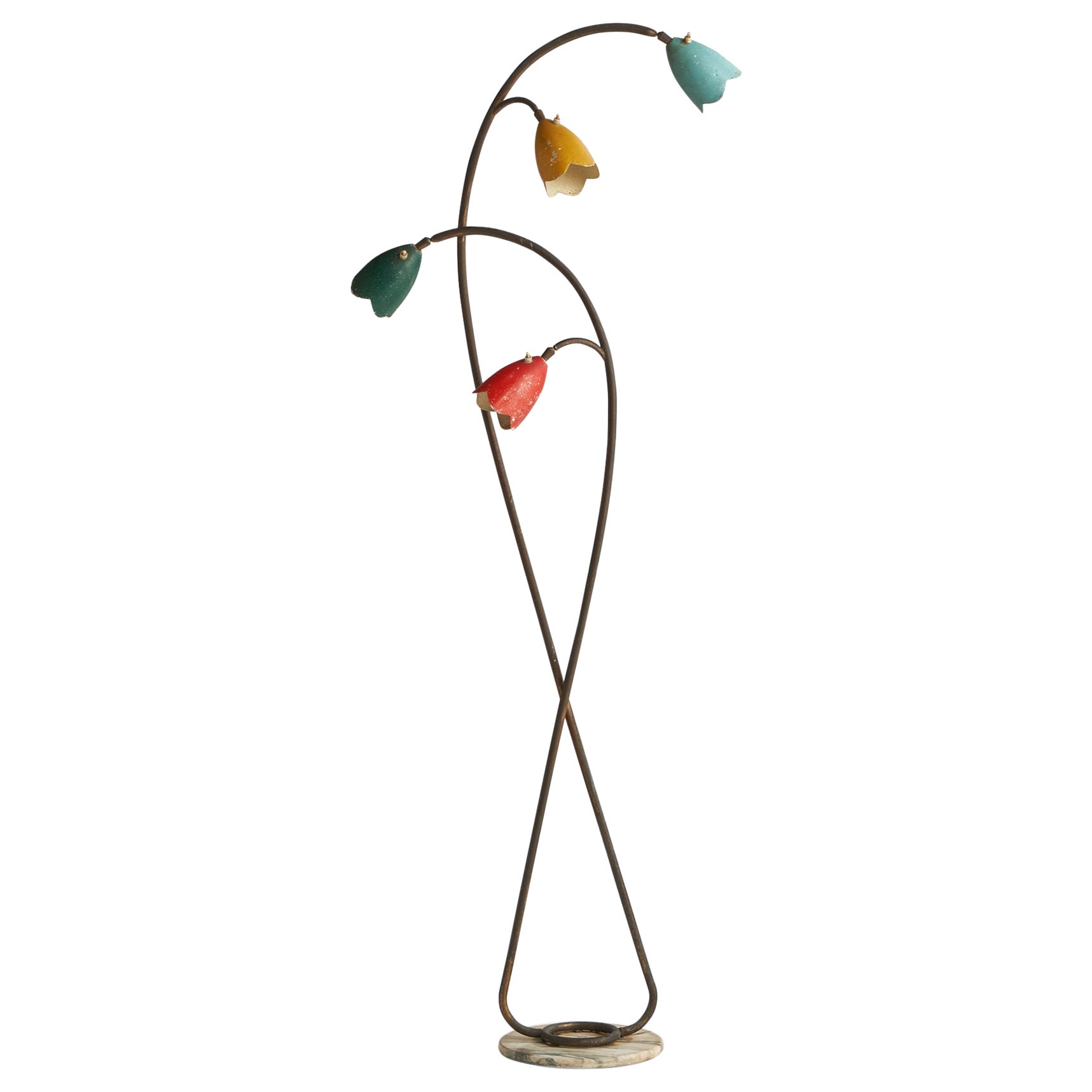 Italian Designer, Floor Lamp, Brass, Metal, Marble, Italy, 1940s For Sale